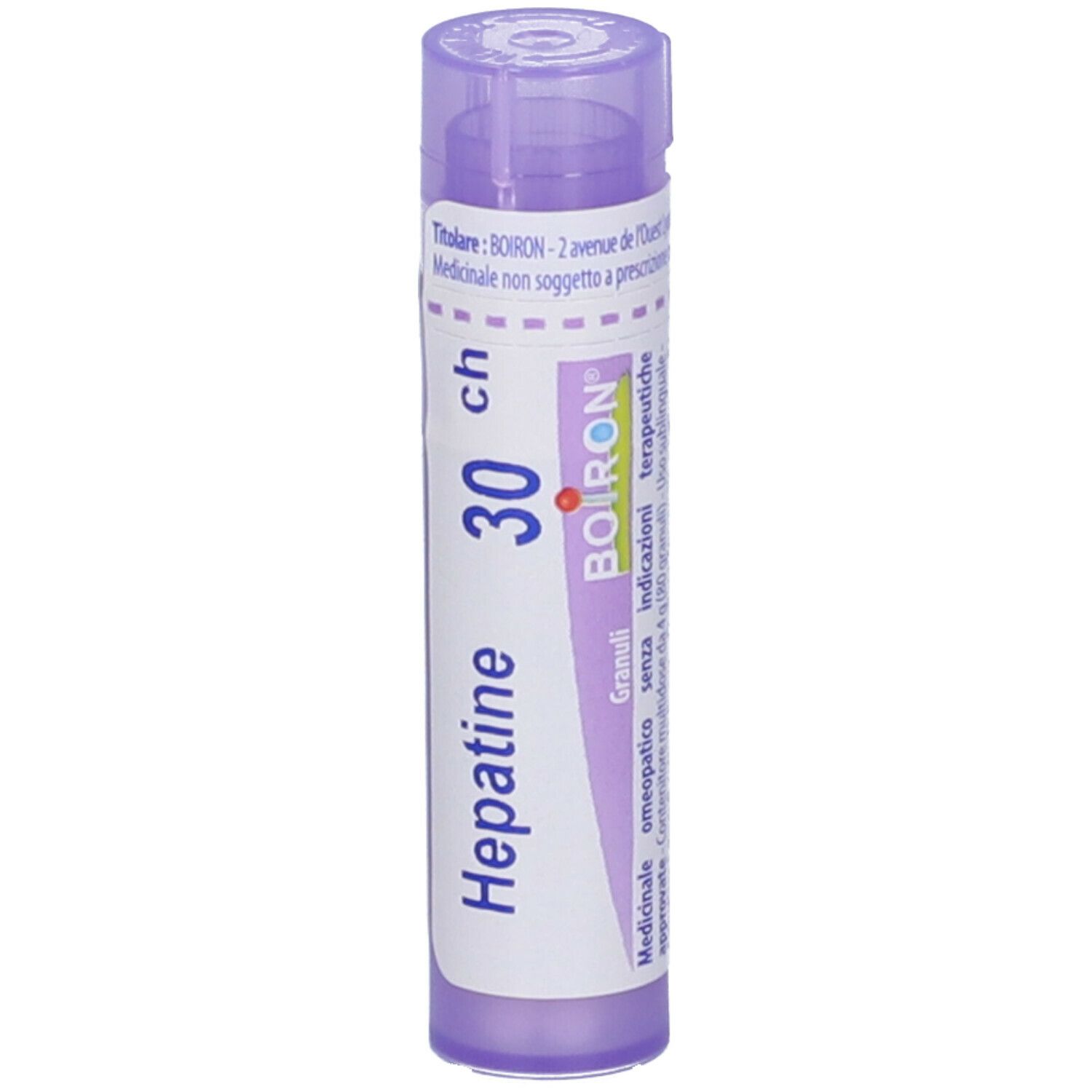 Tubo di granuli Hepatine 30 CH. Tubo lilla con etichetta bianca. Scritte: Hepatine, 30 CH, BOIRON. Vista verticale.
