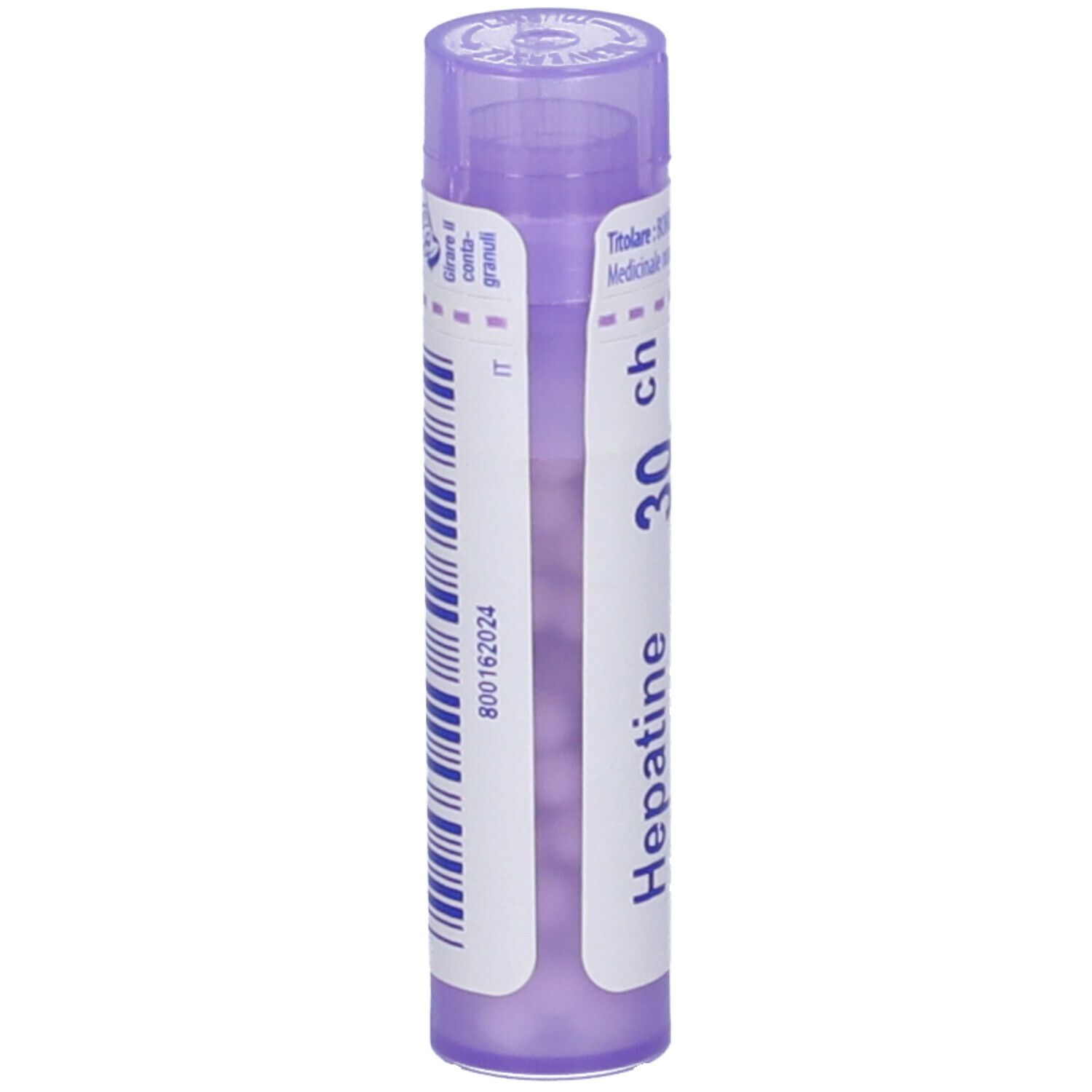 Tubo di granuli Hepatine 30 CH. Tubo lilla con etichetta bianca. Codice a barre e ID IT. Vista verticale.