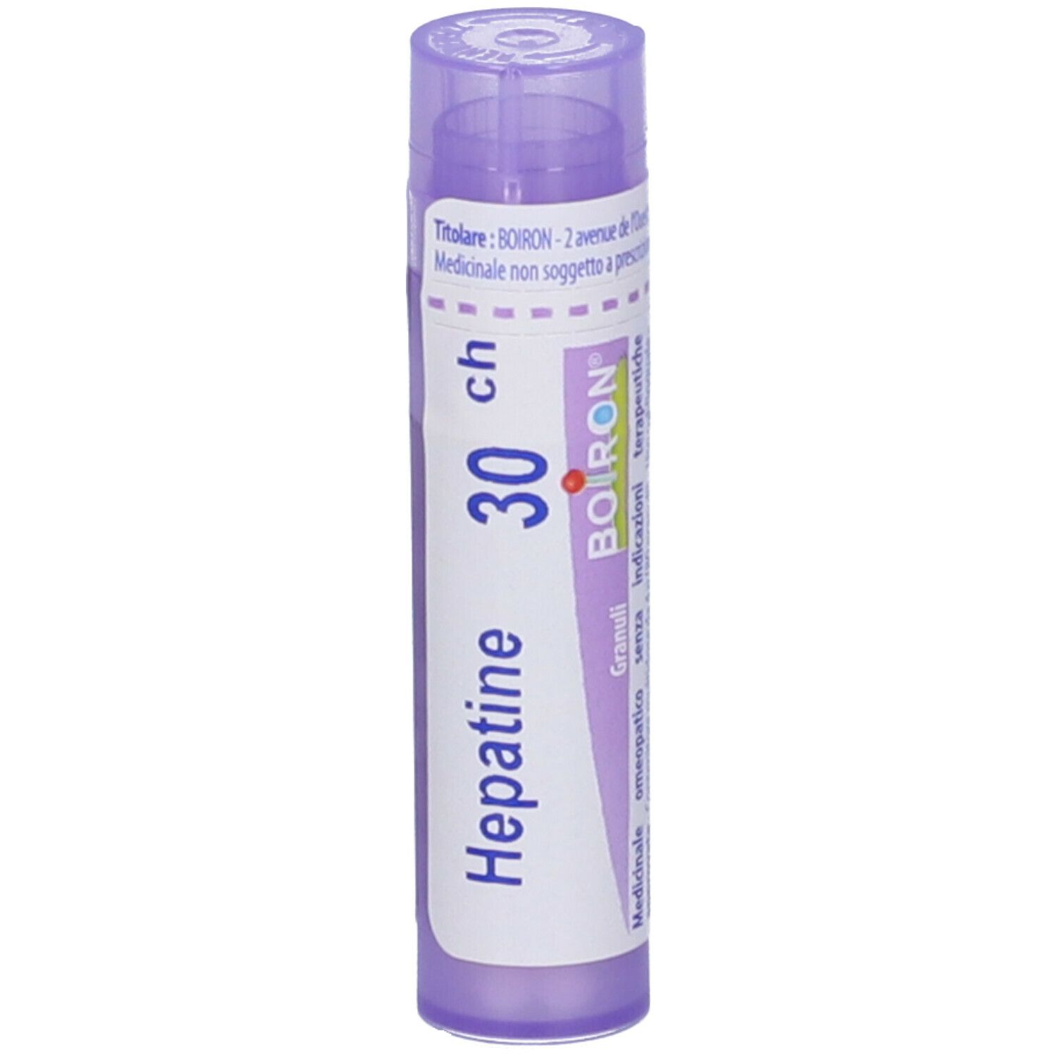 Tubo di granuli Hepatine 30 CH. Tubo lilla con etichetta bianca. Scritte: Hepatine, 30 CH, BOIRON. Vista verticale.