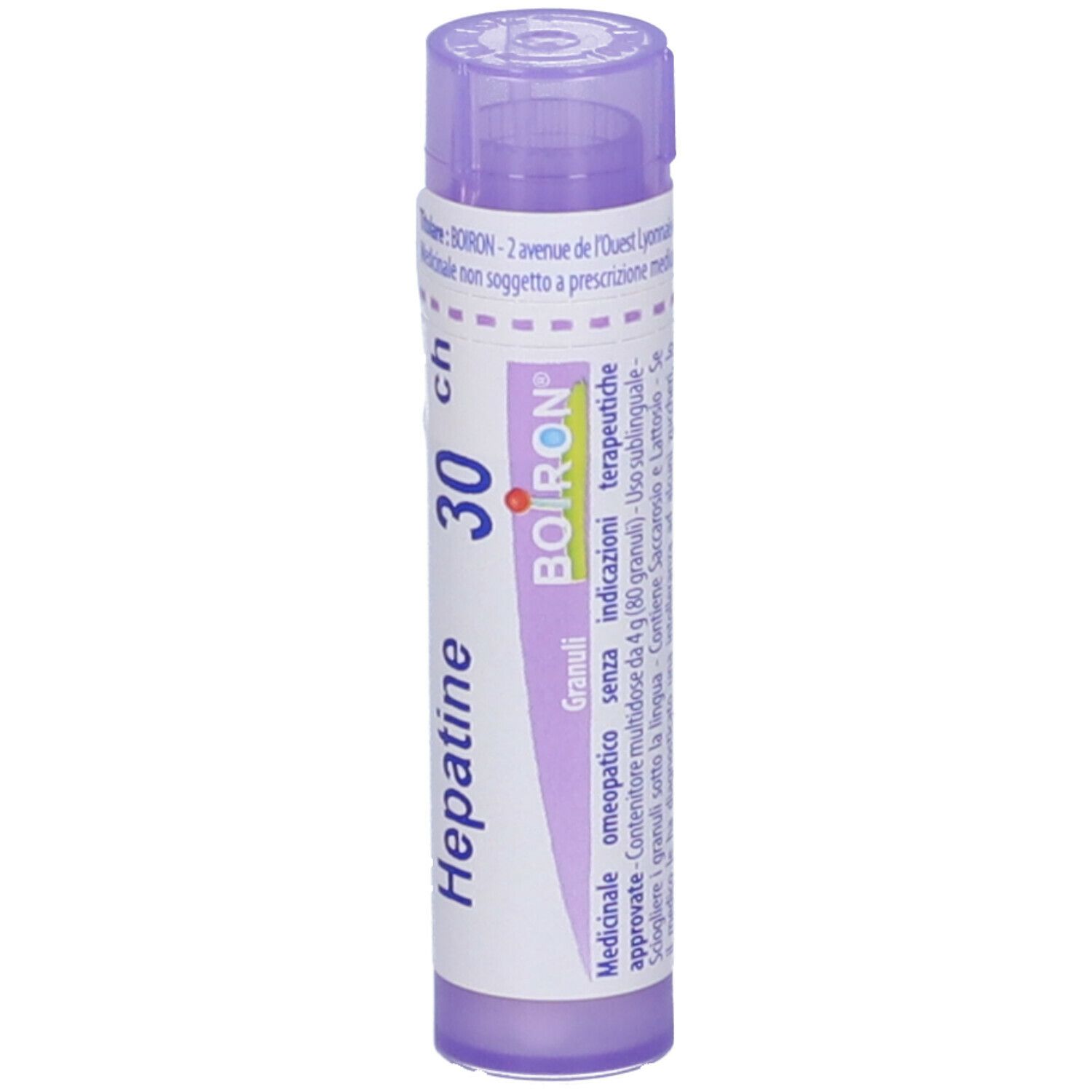 Tubo di granuli Hepatine 30 CH. Tubo lilla con etichetta bianca. Scritte: Hepatine, 30 CH, BOIRON. Vista verticale.