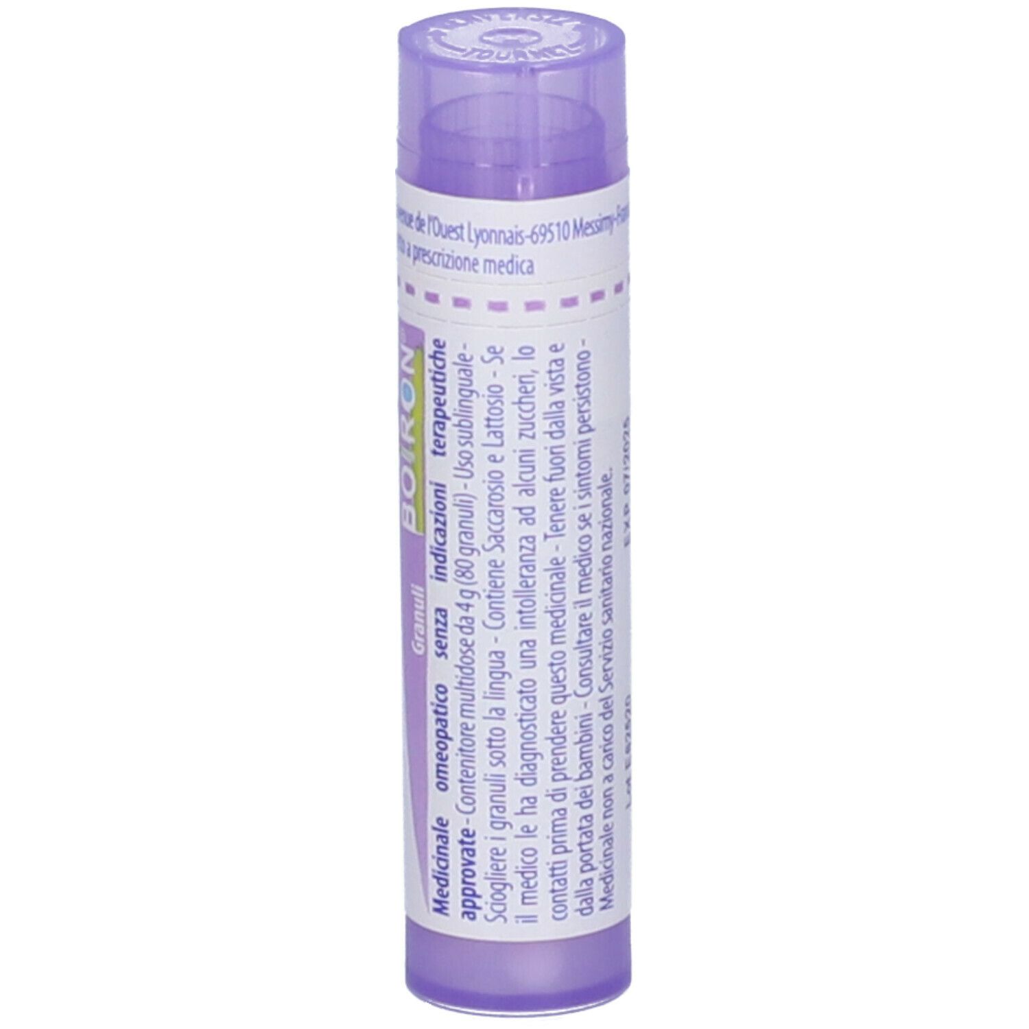 Tubo di granuli Hepatine 30 CH. Tubo lilla con etichetta bianca. Informazioni sul prodotto. Vista verticale.