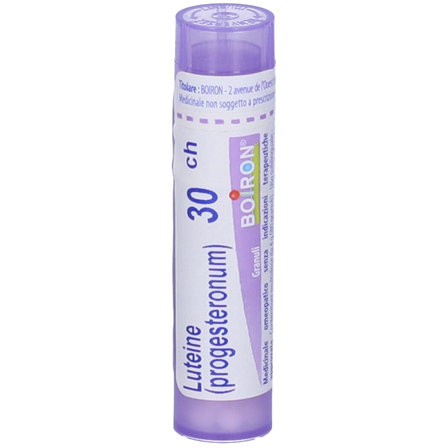 Confezione cilindrica di granuli. Scritta: Luteine (progesteronum), 30 ch, BOIRON. Tappo viola.