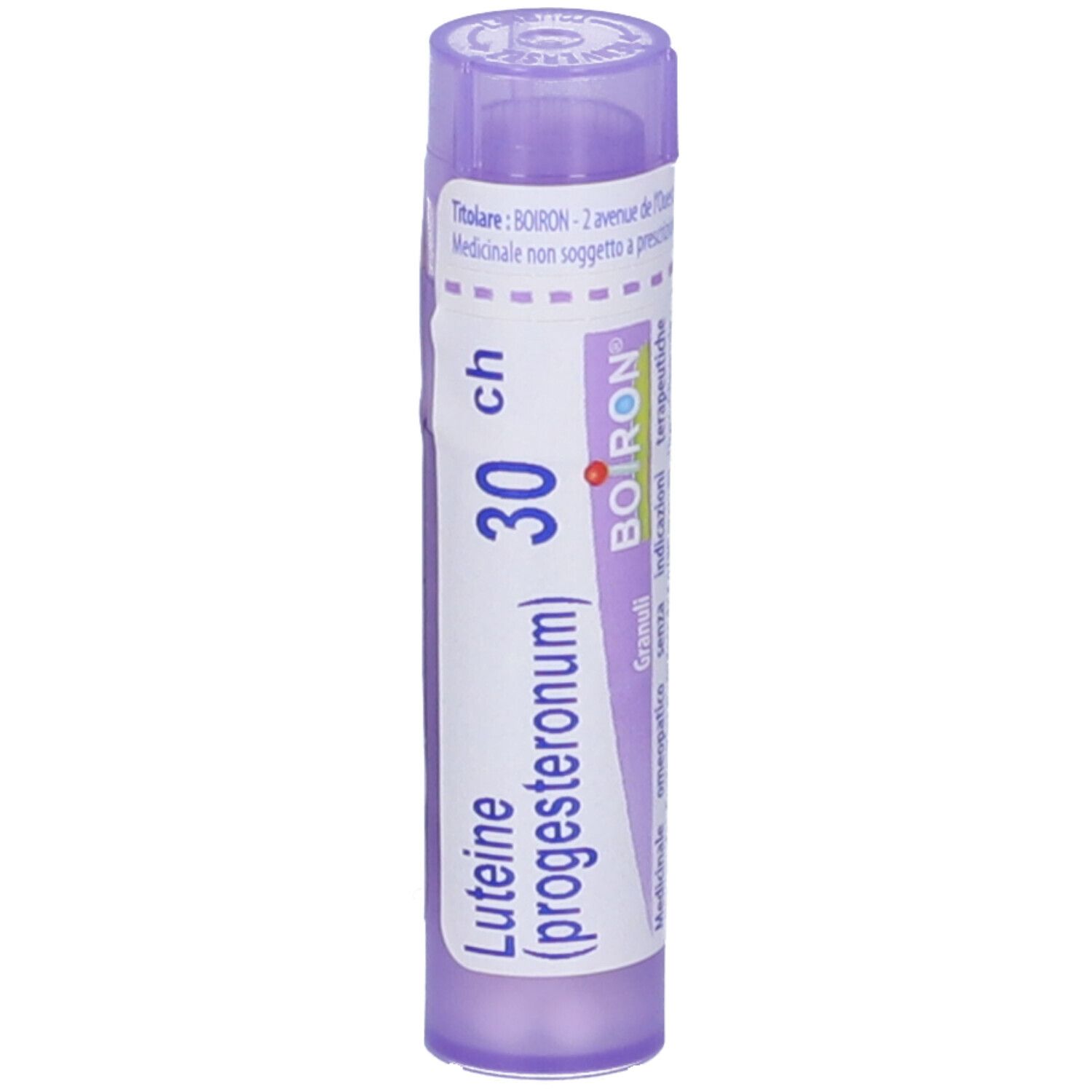 Confezione cilindrica di granuli. Scritta: Luteine (progesteronum), 30 ch, BOIRON. Tappo viola.