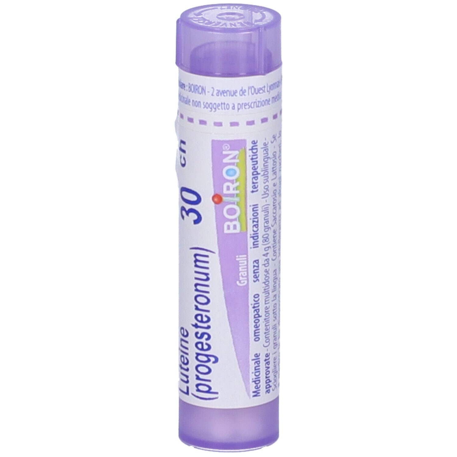 Confezione cilindrica di granuli. Scritta: Luteine (progesteronum), 30 ch, BOIRON. Tappo viola.