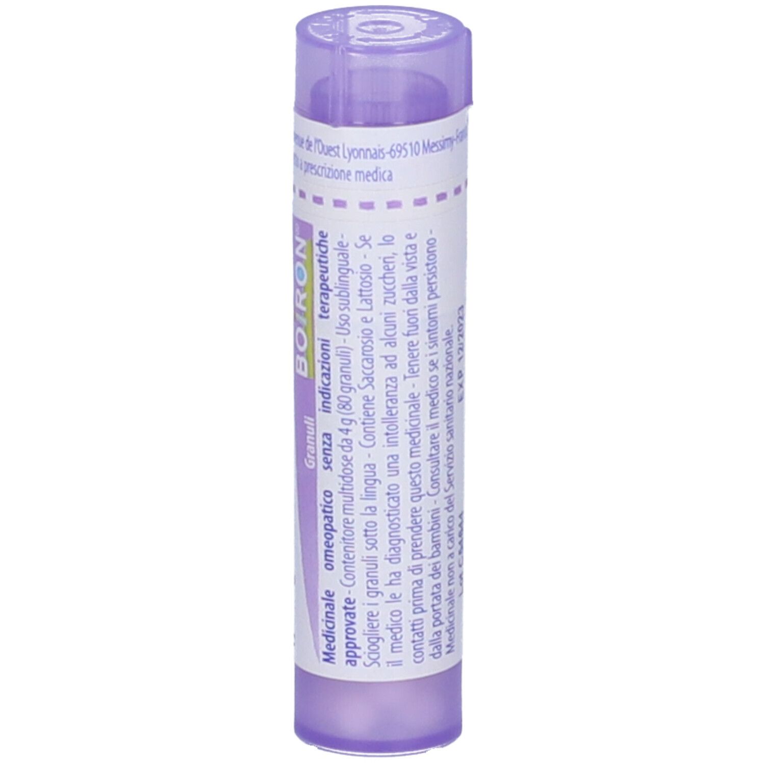 Confezione cilindrica di granuli. Scritta: Luteine (progesteronum), 30 ch, BOIRON. Tappo viola.