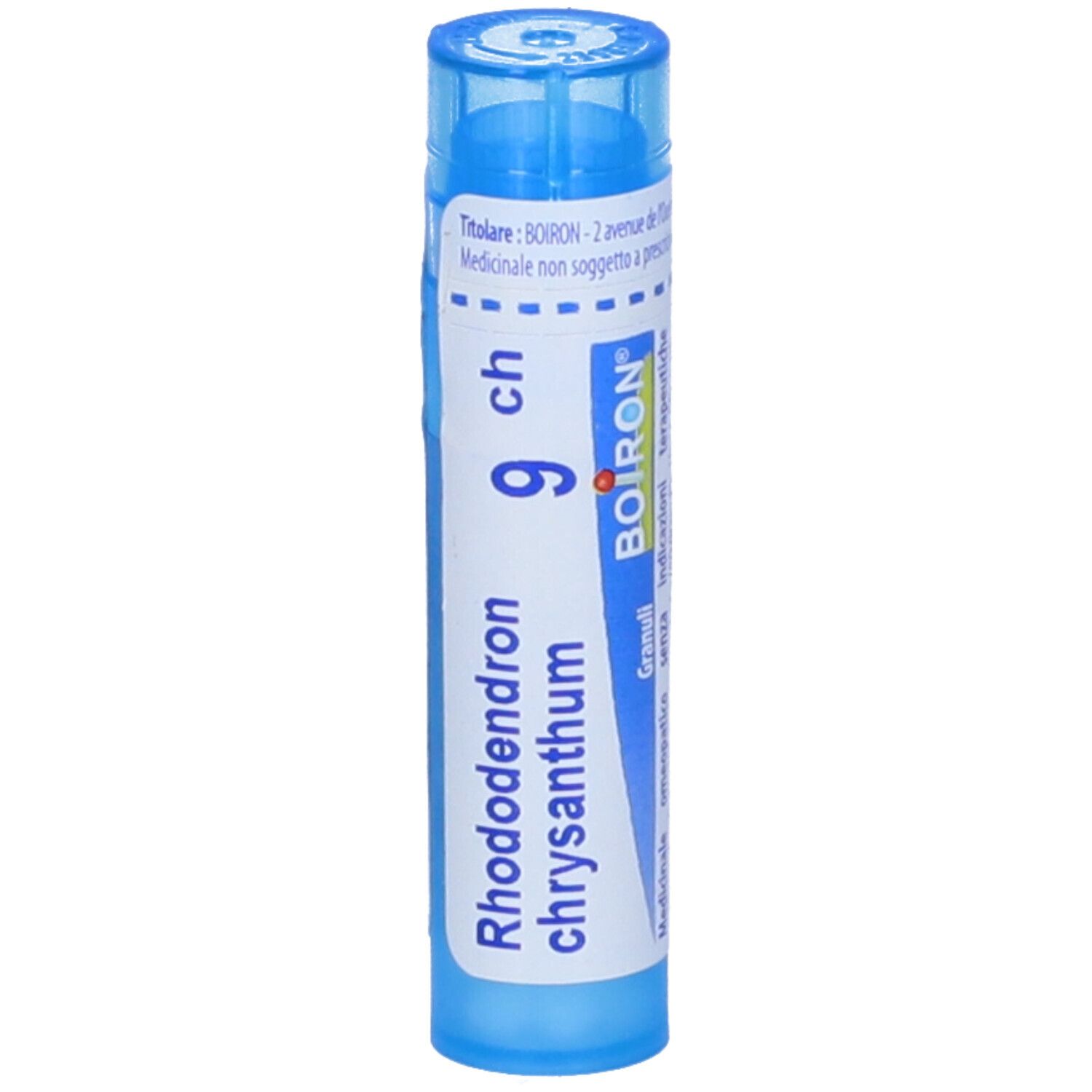 Confezione cilindrica blu con testo bianco. Contiene granuli. Scritta: Rhododendron chrysan 9 ch, BOIRON.