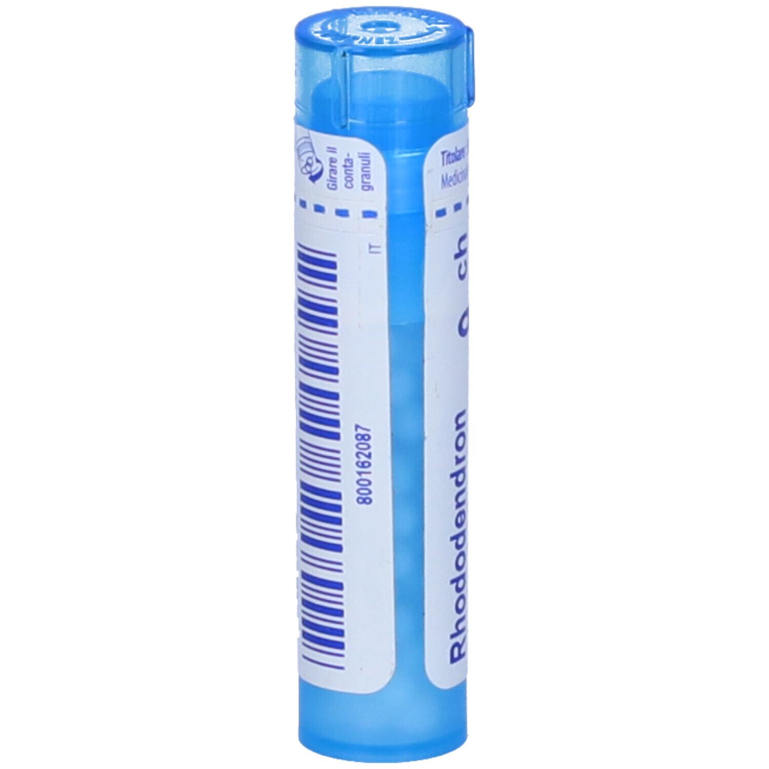 Confezione cilindrica blu con testo bianco. Contiene granuli. Scritta: Rhododendron chrysan 9 ch, BOIRON.