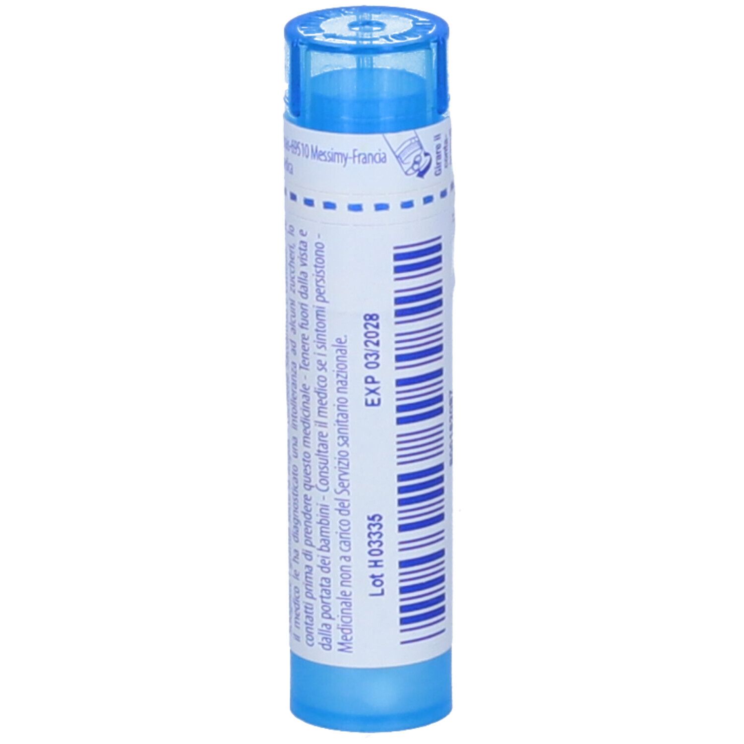Confezione cilindrica blu con testo bianco. Contiene granuli. Scritta: Rhododendron chrysan 9 ch, BOIRON. Scadenza.