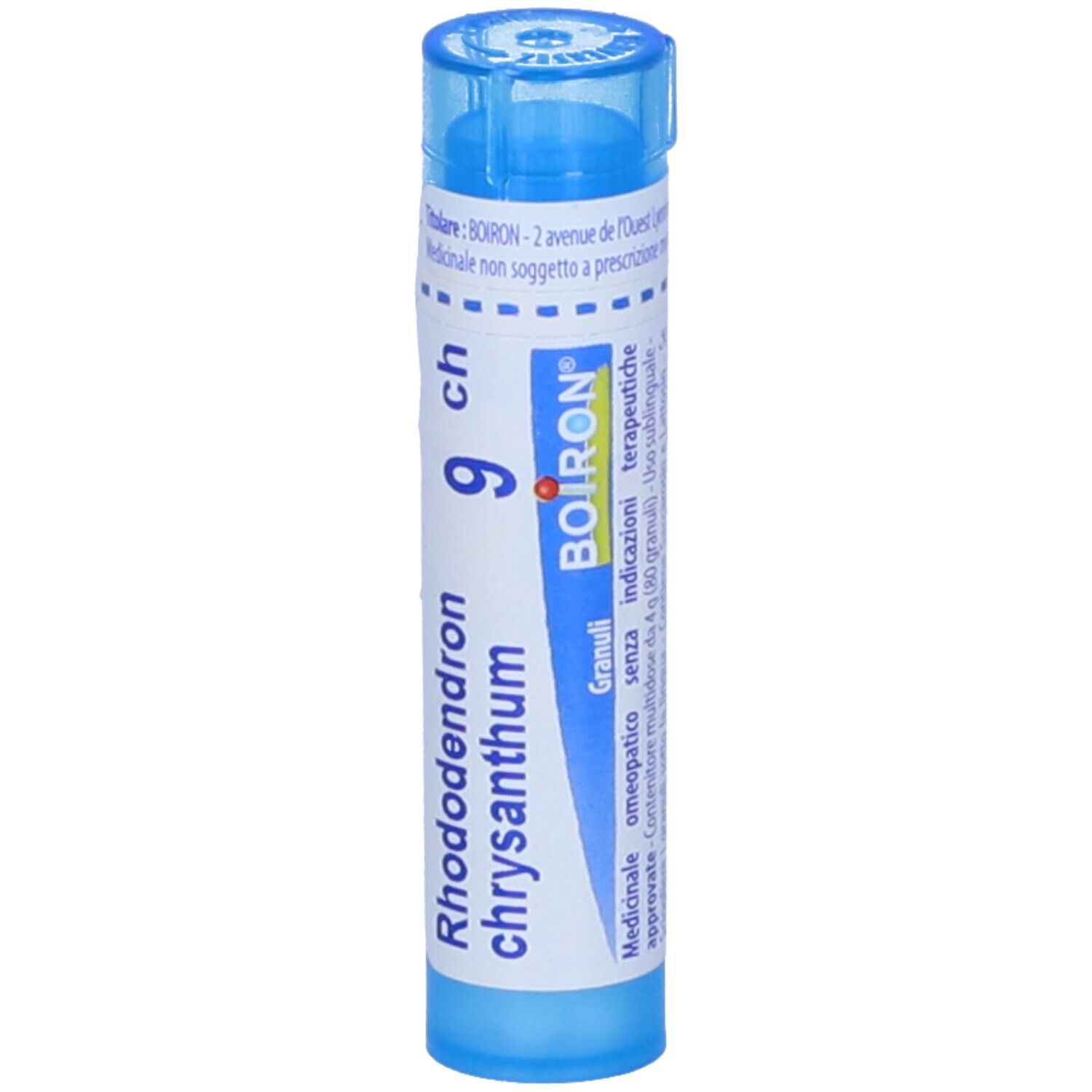 Confezione cilindrica blu con testo bianco. Contiene granuli. Scritta: Rhododendron chrysan 9 ch, BOIRON.