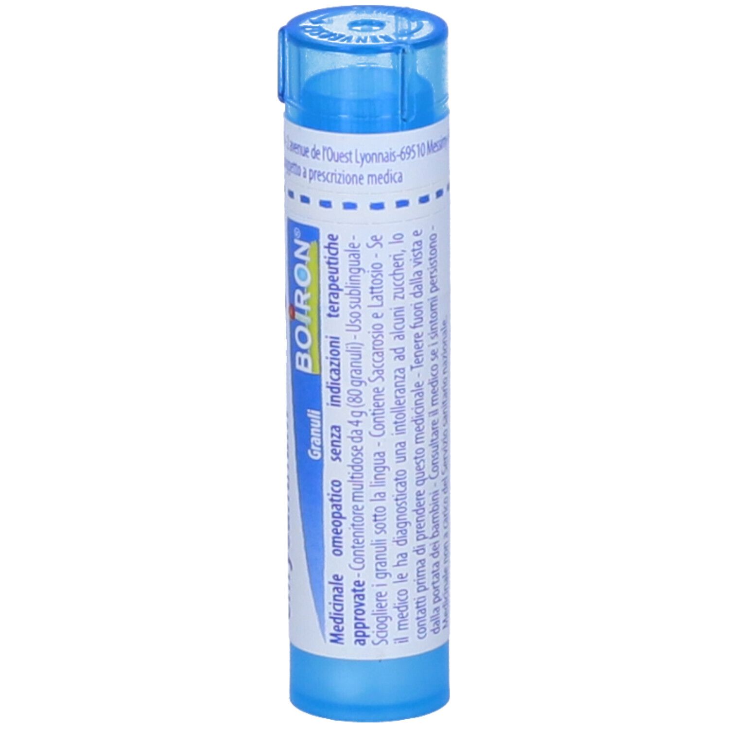 Confezione cilindrica blu con testo bianco. Contiene granuli. Scritta: Rhododendron chrysan 9 ch, BOIRON.