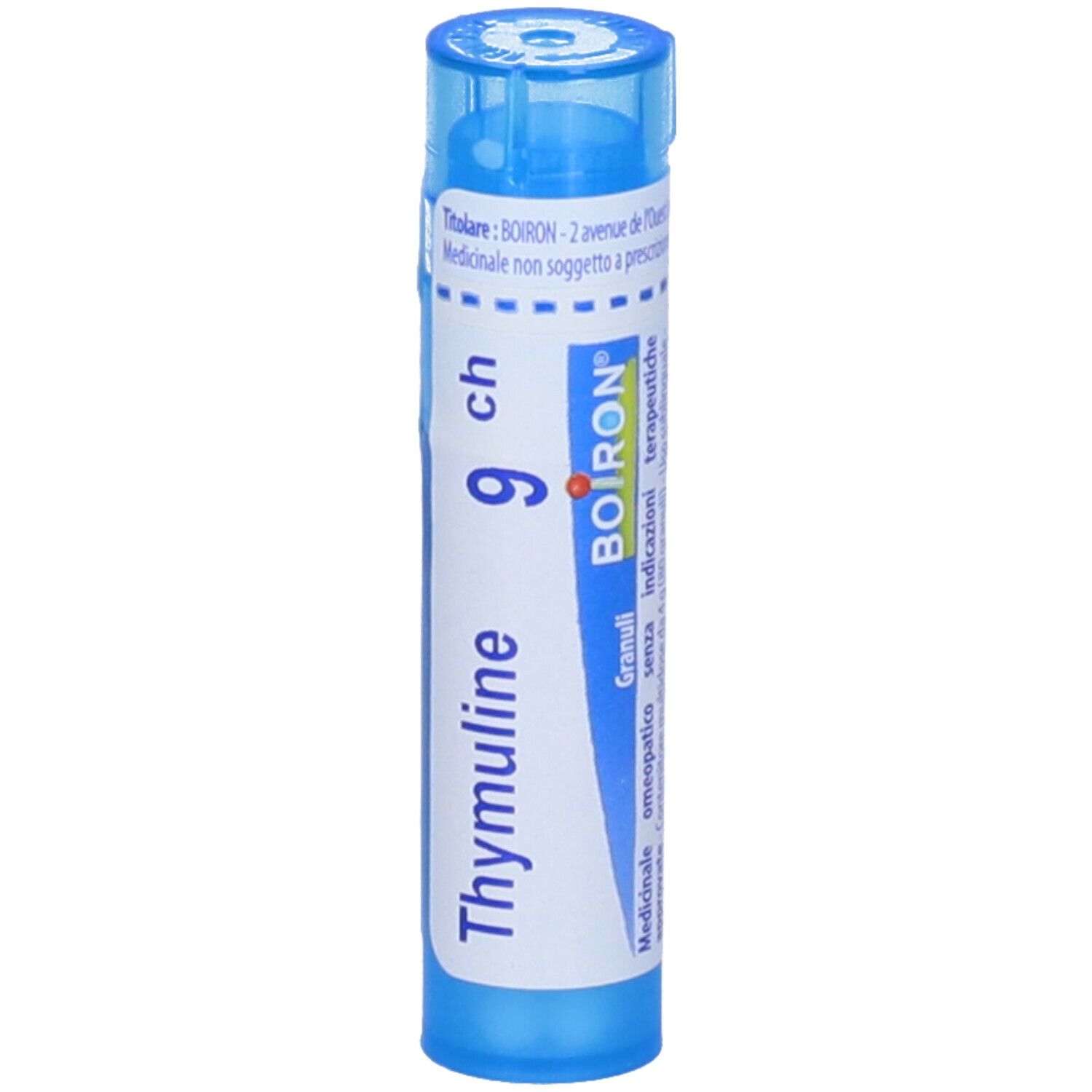 Tubo cilindrico blu. Scritta: Thymuline 9 ch, BOIRON, Granuli, omeopatico.