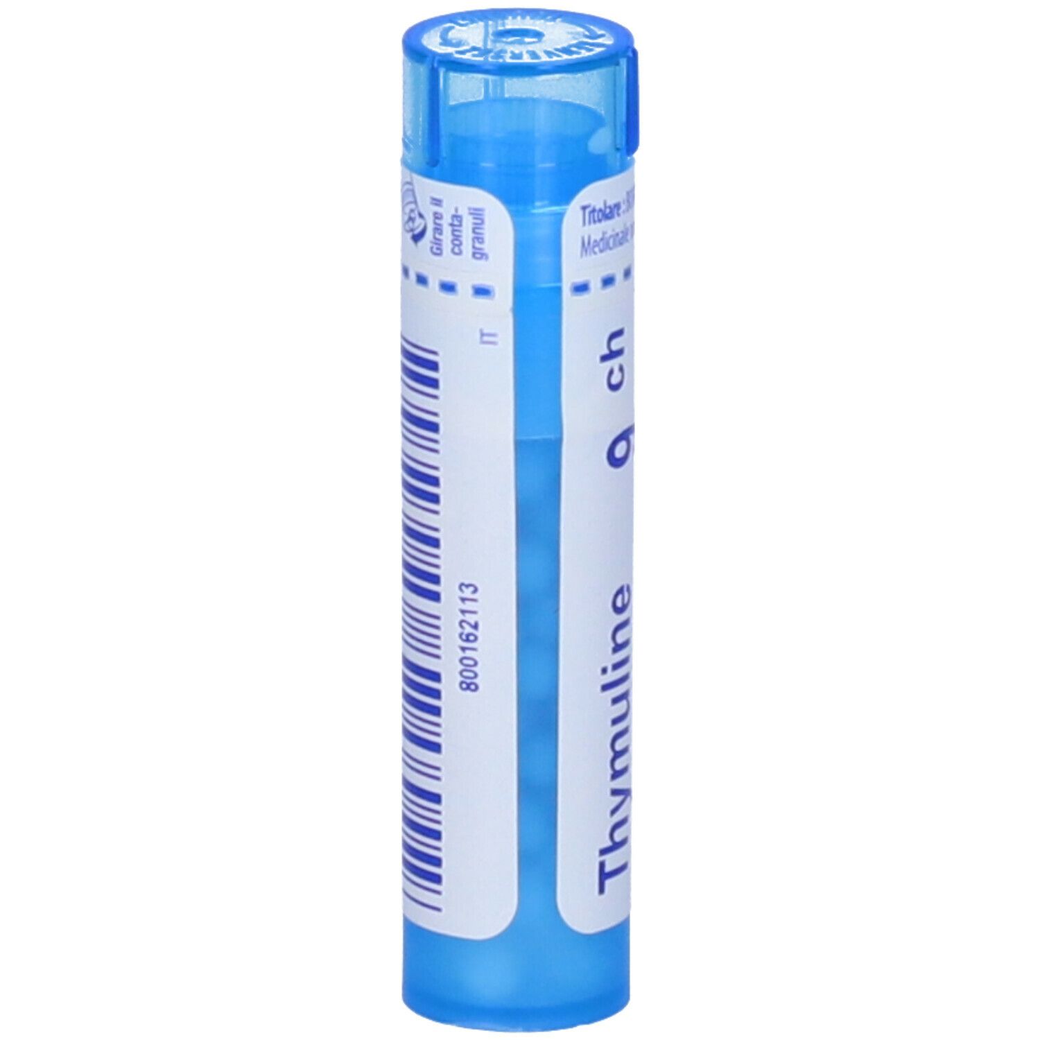 Tubo cilindrico blu. Scritta: Thymuline 9 ch, codice a barre, IT.
