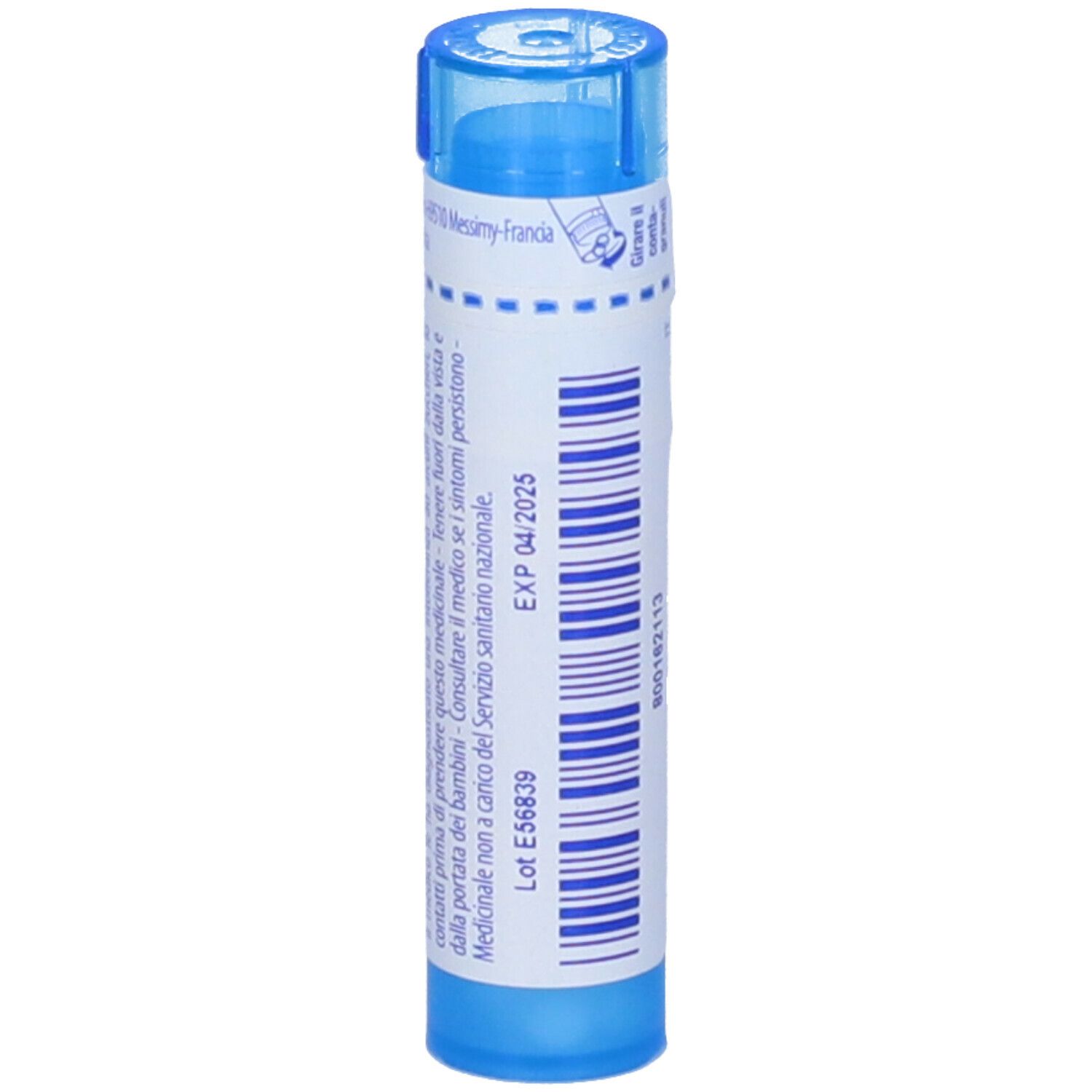 Tubo cilindrico blu. Scritta: Thymuline 9 ch, EXP 04/2025, Lot E56839.
