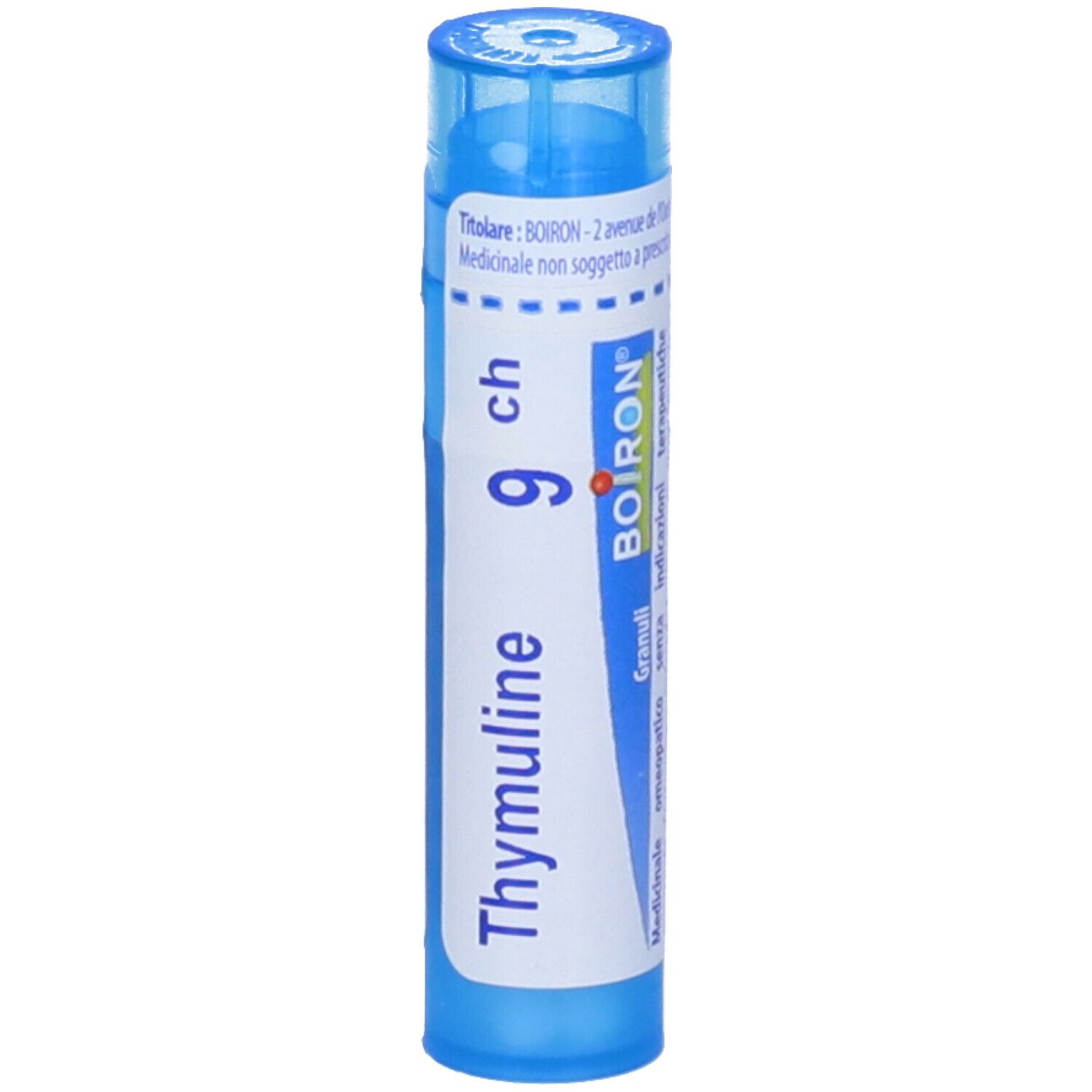 Tubo cilindrico blu. Scritta: Thymuline 9 ch, BOIRON, Granuli, omeopatico.