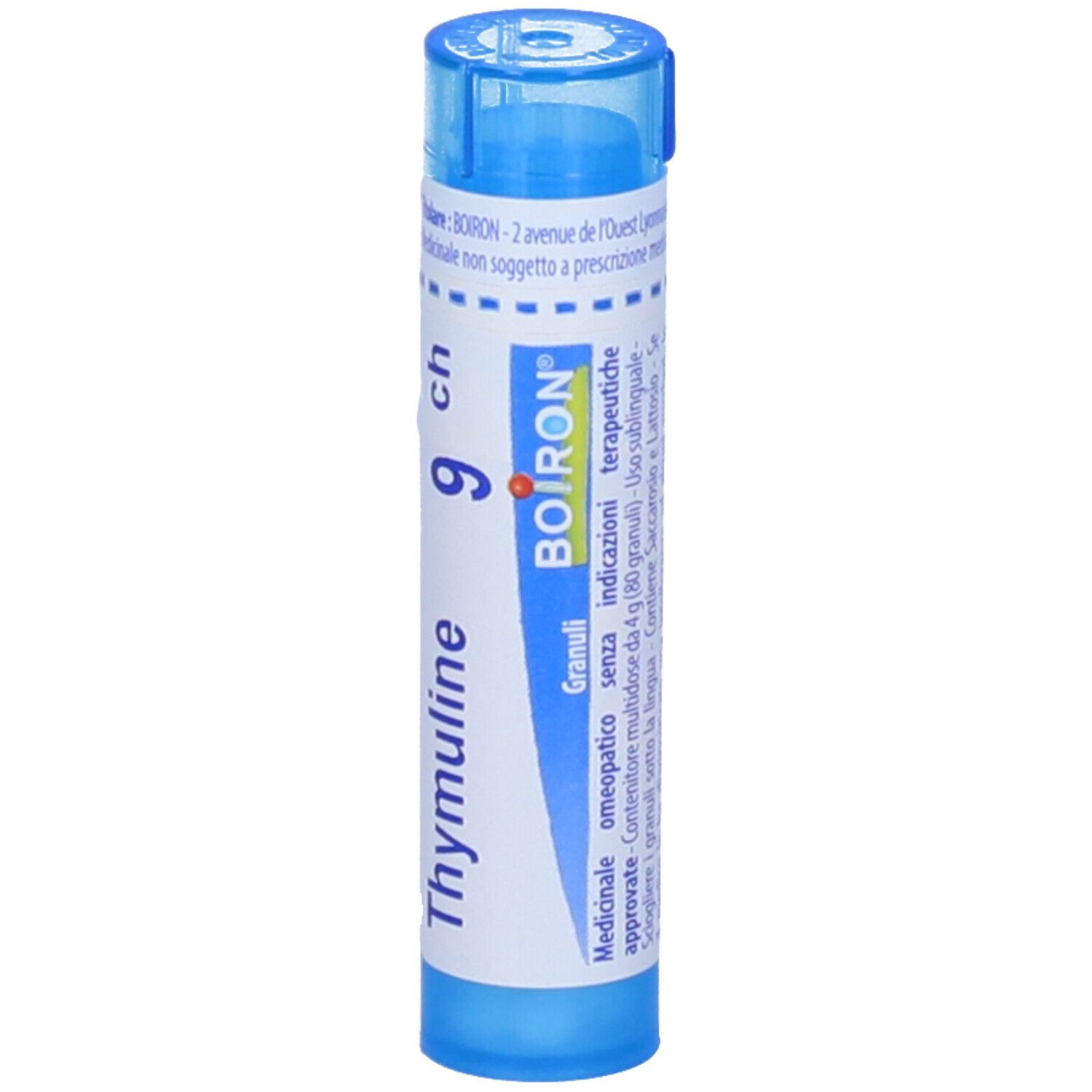 Tubo cilindrico blu. Scritta: Thymuline 9 ch, BOIRON, Granuli, omeopatico.