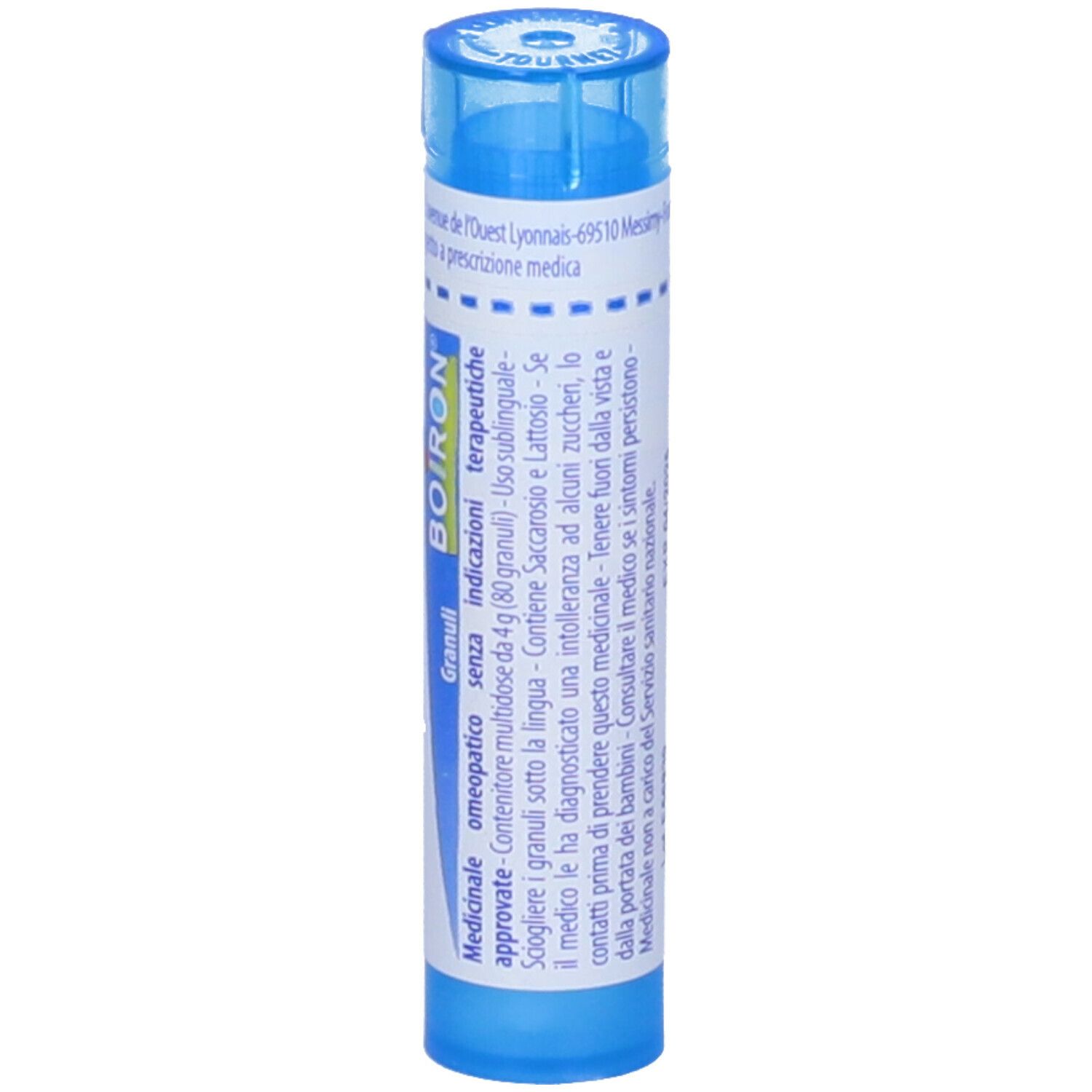 Tubo cilindrico blu. Scritta: Thymuline 9 ch, BOIRON, Granuli, omeopatico.