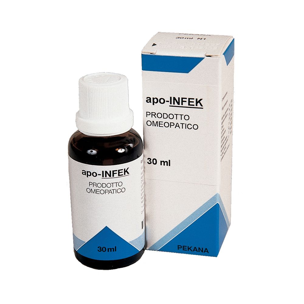 Flacone di vetro marrone con tappo bianco e confezione bianca. Scritta: apo-INFEK, 30 ml, Prod. Omeopatico.