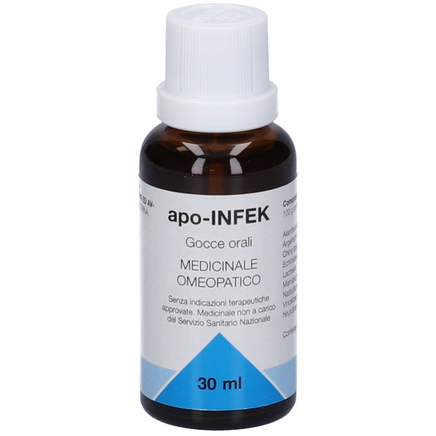 Flacone di vetro marrone con tappo bianco. Scritta: apo-INFEK, Gocce orali, 30 ml, Medicinale omeopatico.