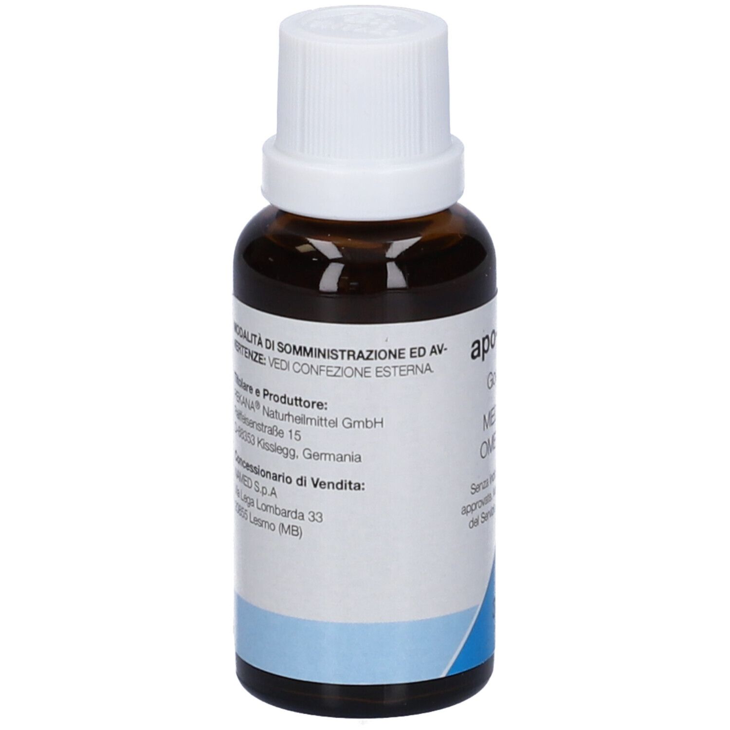 Flacone di vetro marrone con tappo bianco. Scritta: apo-INFEK, Gocce orali, 30 ml, Medicinale omeopatico.