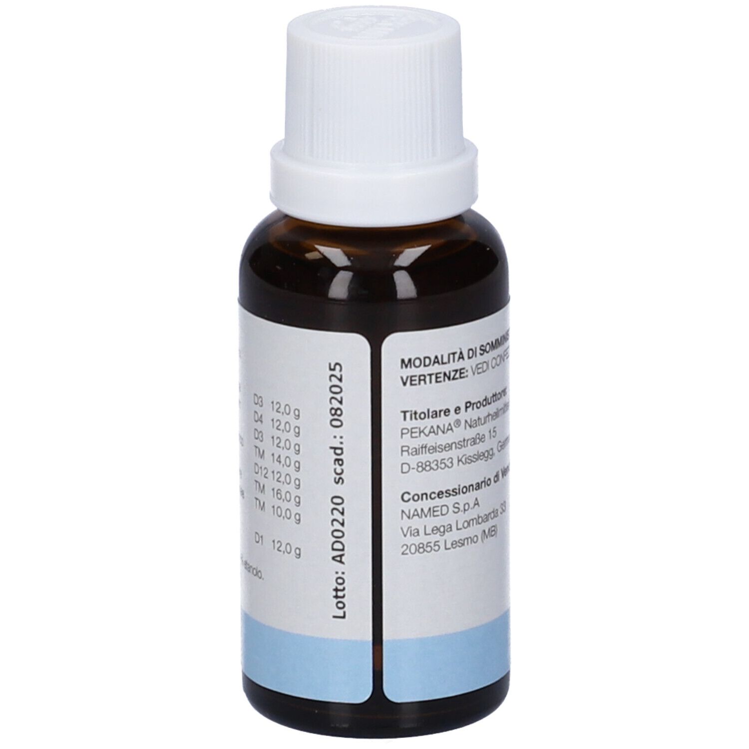 Flacone di vetro marrone con tappo bianco. Scritta: apo-INFEK, Gocce orali, 30 ml, Medicinale omeopatico.