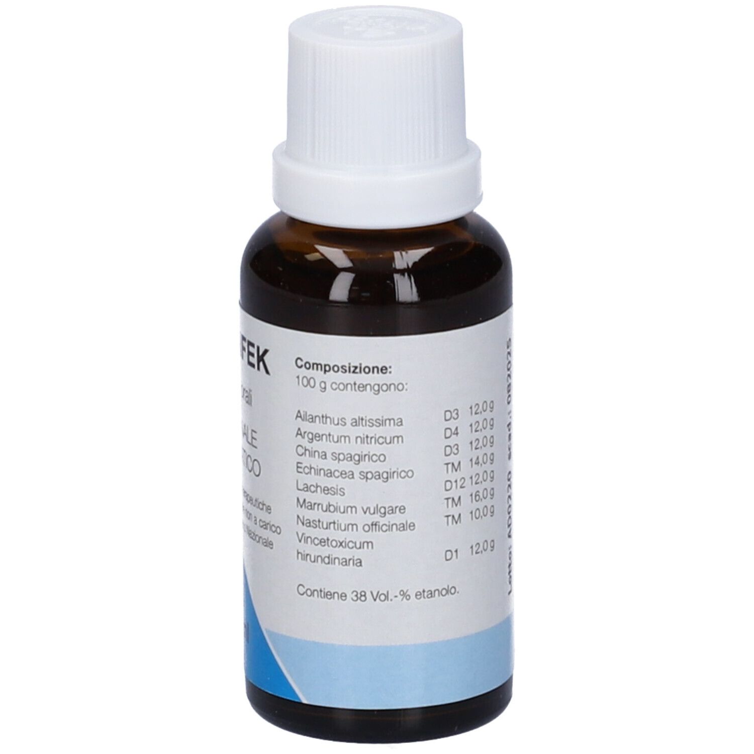 Flacone di vetro marrone con tappo bianco. Scritta: apo-INFEK, Gocce orali, 30 ml, Medicinale omeopatico.