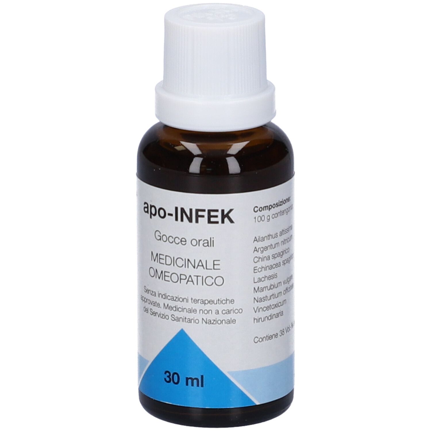 Flacone di vetro marrone con tappo bianco. Scritta: apo-INFEK, Gocce orali, 30 ml, Medicinale omeopatico.