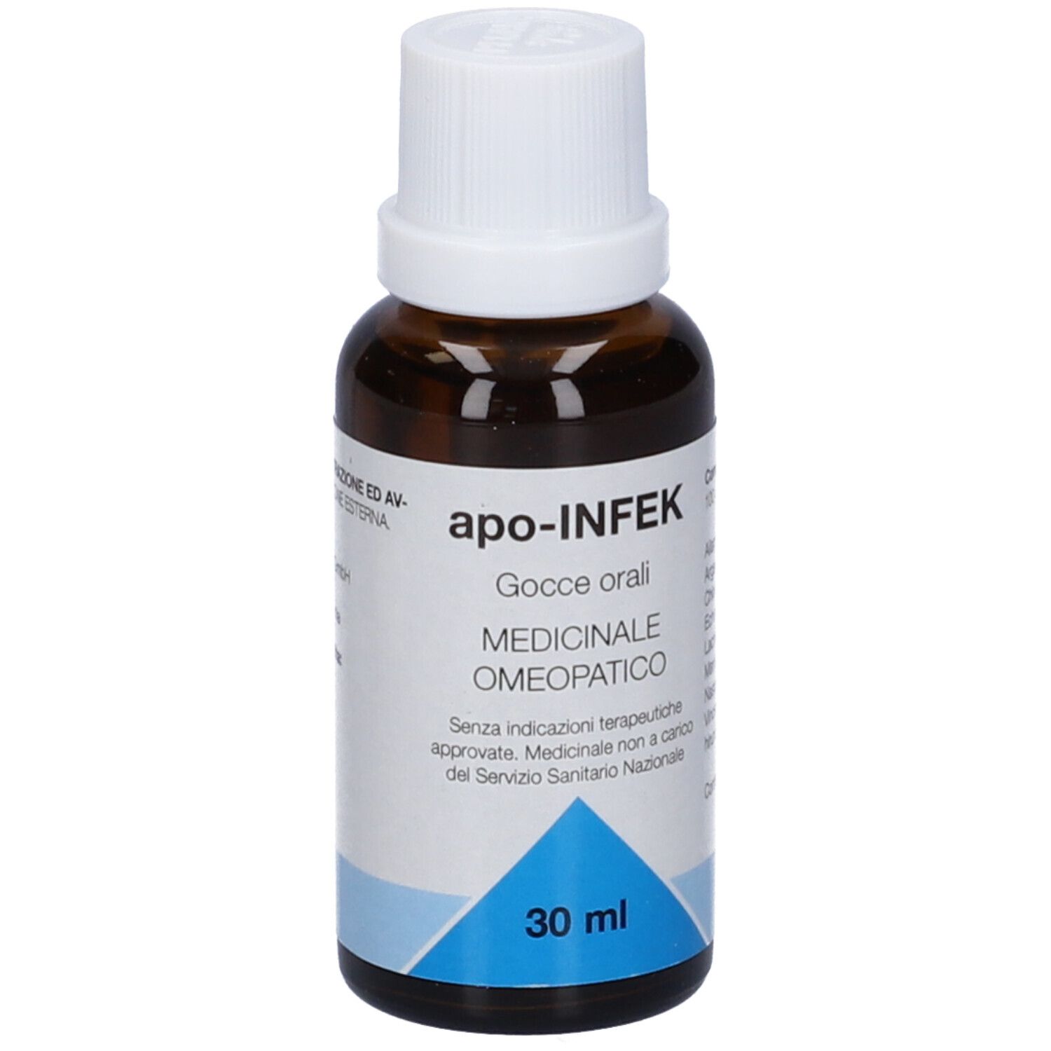 Flacone di vetro marrone con tappo bianco. Scritta: apo-INFEK, Gocce orali, 30 ml, Medicinale omeopatico.