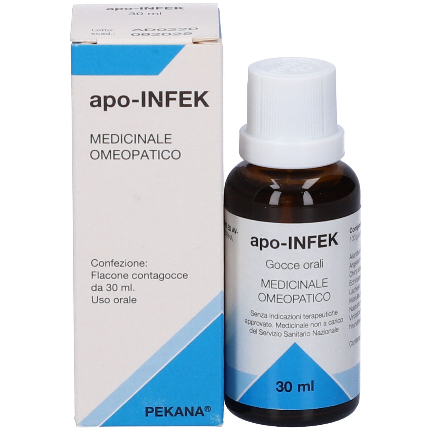 Flacone di vetro marrone con tappo bianco e confezione. Scritta: apo-INFEK, 30 ml, Medicinale omeopatico.