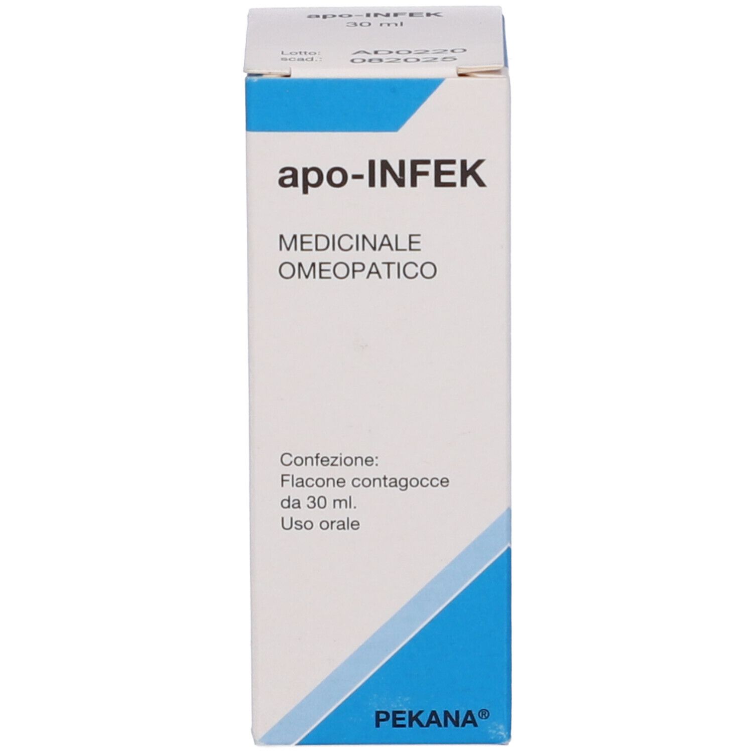 Confezione bianca con accenti blu. Scritta: apo-INFEK, Medicinale omeopatico, 30 ml.