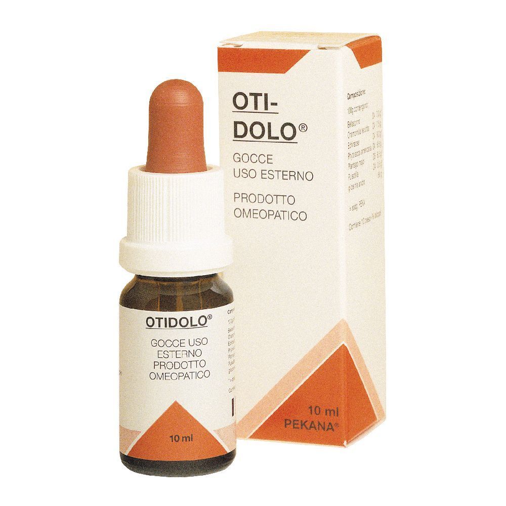 Flacone di vetro marrone con contagocce rosso e tappo bianco. Scritta: Otidolo, Gocce uso esterno, Prodotto omeopatico. 10 ml.