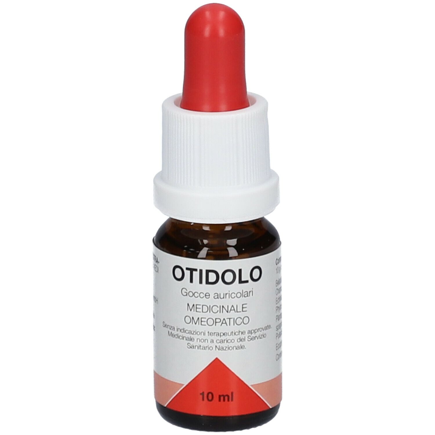 Flacone di vetro marrone con contagocce rosso e tappo bianco. Scritta: Otidolo, Gocce auricolari, Medicinale omeopatico. 10 ml.