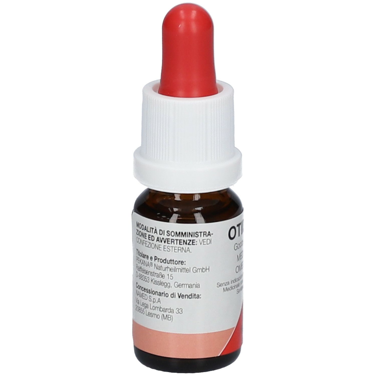 Flacone di vetro marrone con contagocce rosso e tappo bianco. Scritta: Otidolo, Gocce auricolari, Medicinale omeopatico. 10 ml. Ingredienti sul retro.