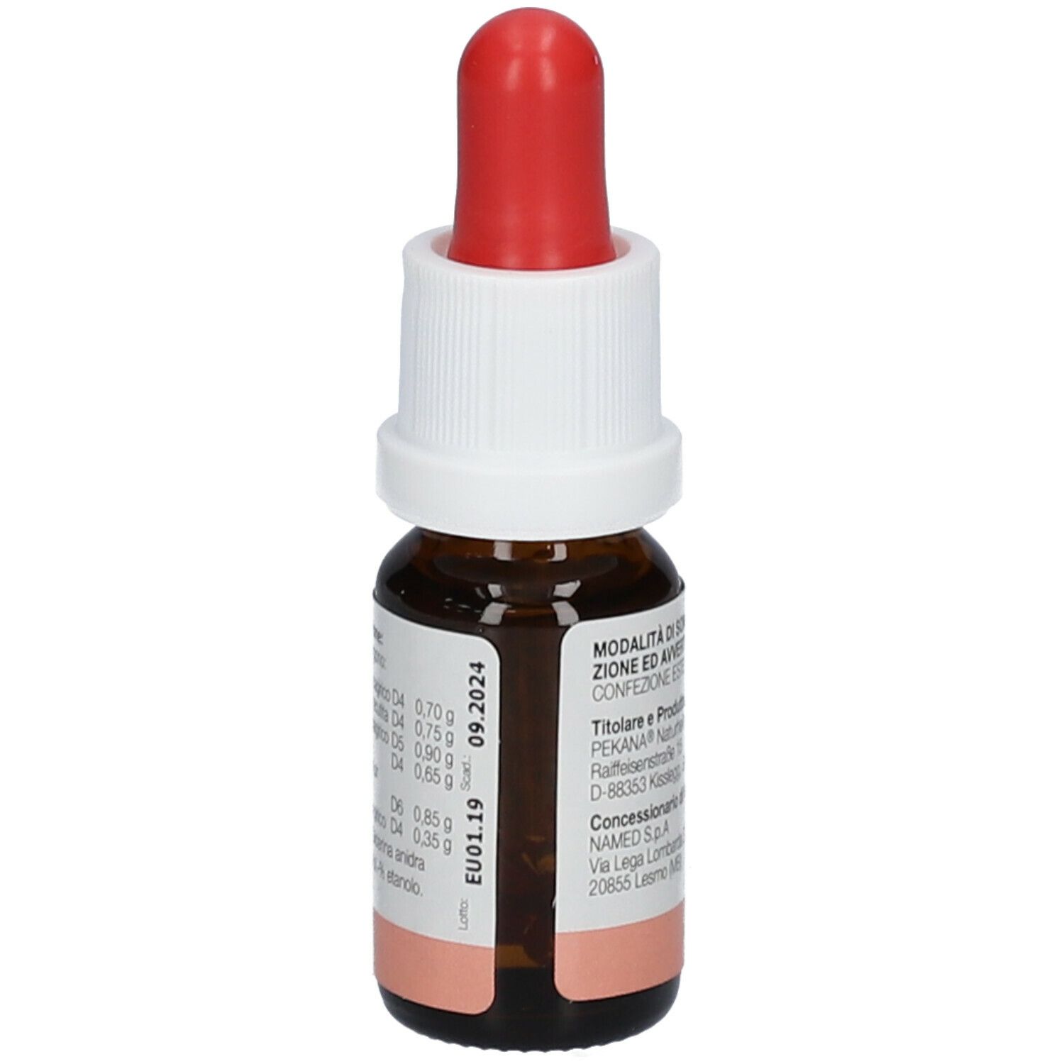 Flacone di vetro marrone con contagocce rosso e tappo bianco. Scritta: Otidolo, Gocce auricolari, Medicinale omeopatico. 10 ml. Ingredienti sul retro.