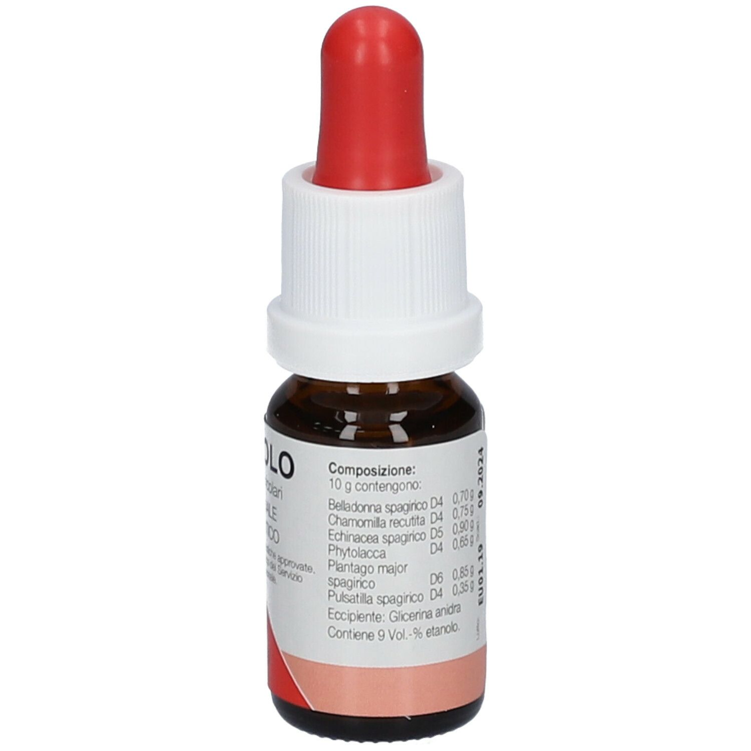 Flacone di vetro marrone con contagocce rosso e tappo bianco. Scritta: Otidolo, Gocce auricolari, Medicinale omeopatico. 10 ml. Ingredienti sul retro.
