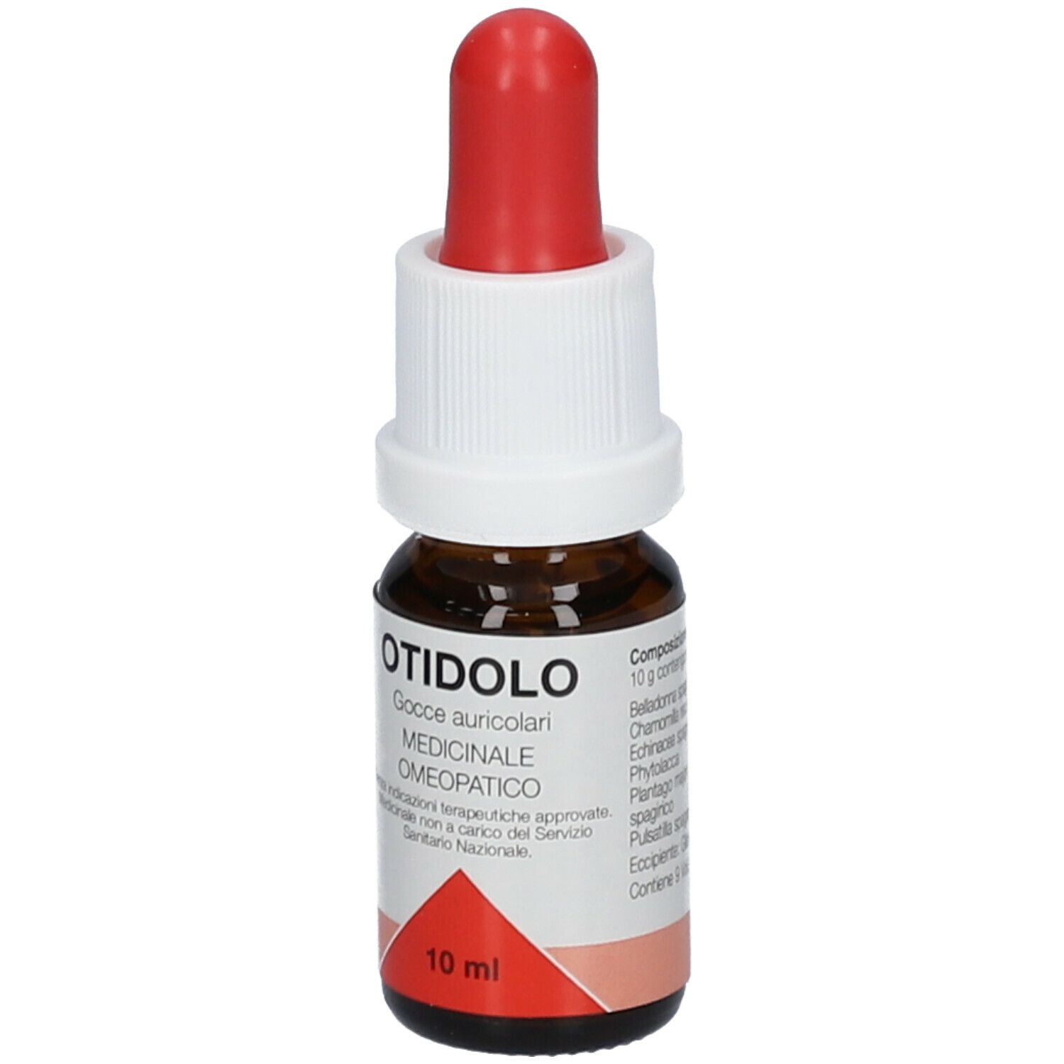 Flacone di vetro marrone con contagocce rosso e tappo bianco. Scritta: Otidolo, Gocce auricolari, Medicinale omeopatico. 10 ml. Ingredienti sul retro.
