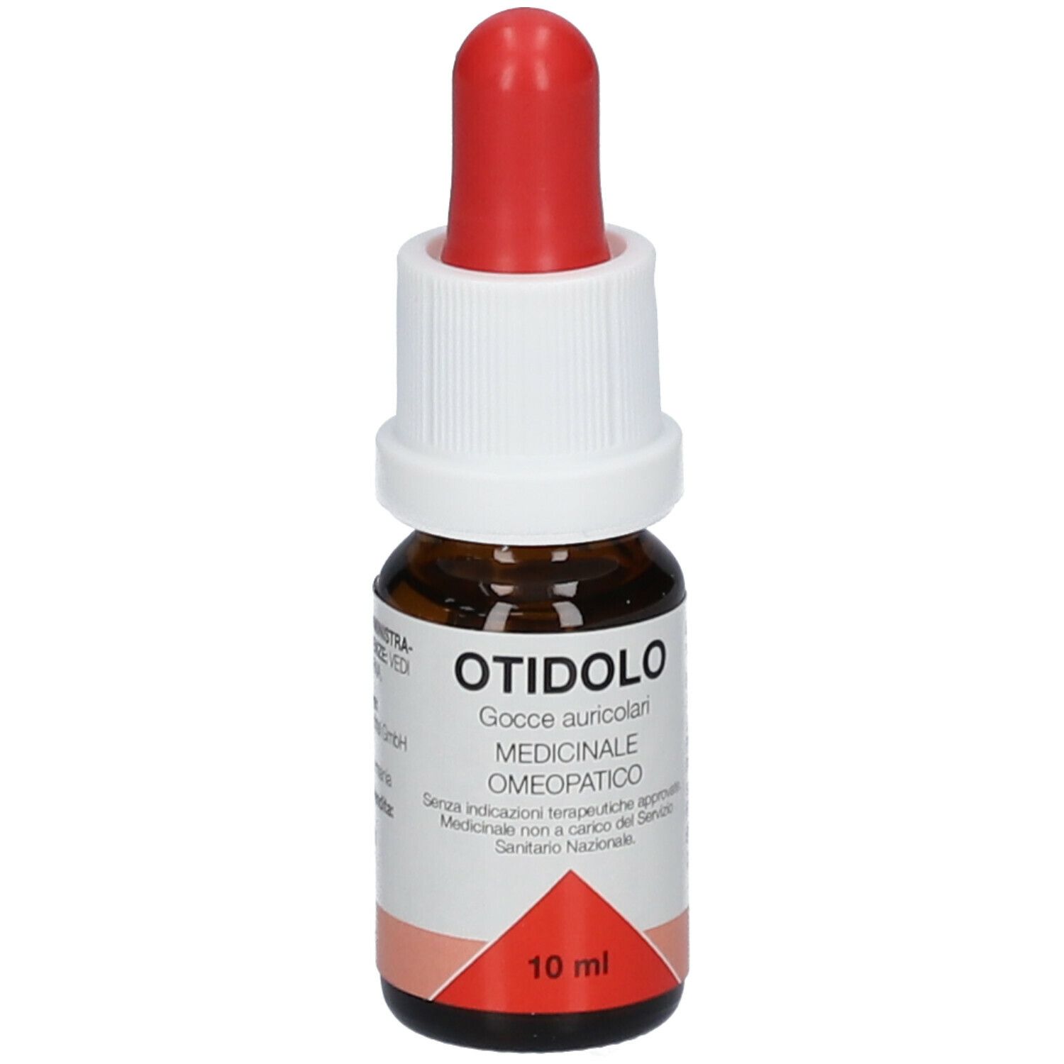 Flacone di vetro marrone con contagocce rosso e tappo bianco. Scritta: Otidolo, Gocce auricolari, Medicinale omeopatico. 10 ml. Ingredienti sul retro.