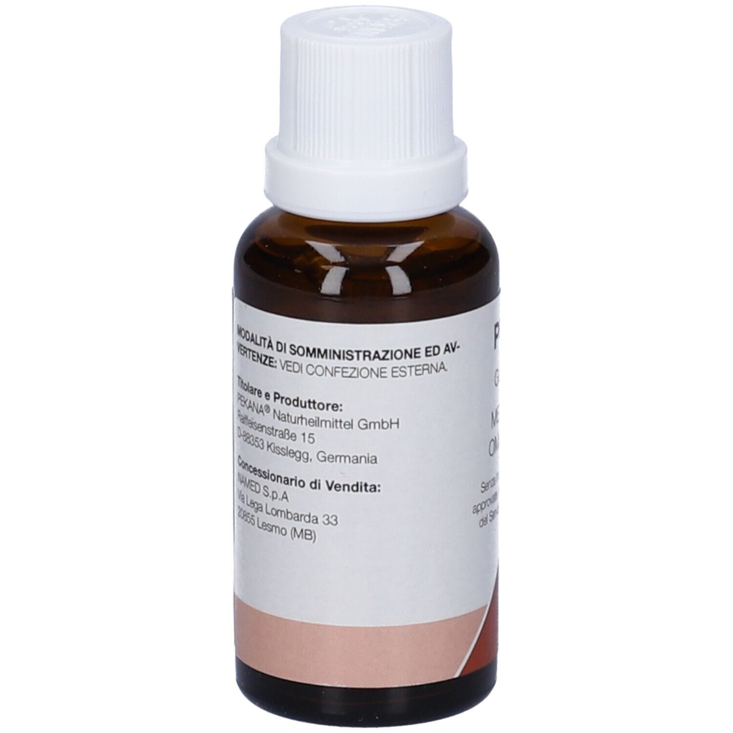 Flacone di vetro marrone con tappo bianco. Etichetta con testo. Informazioni del produttore.