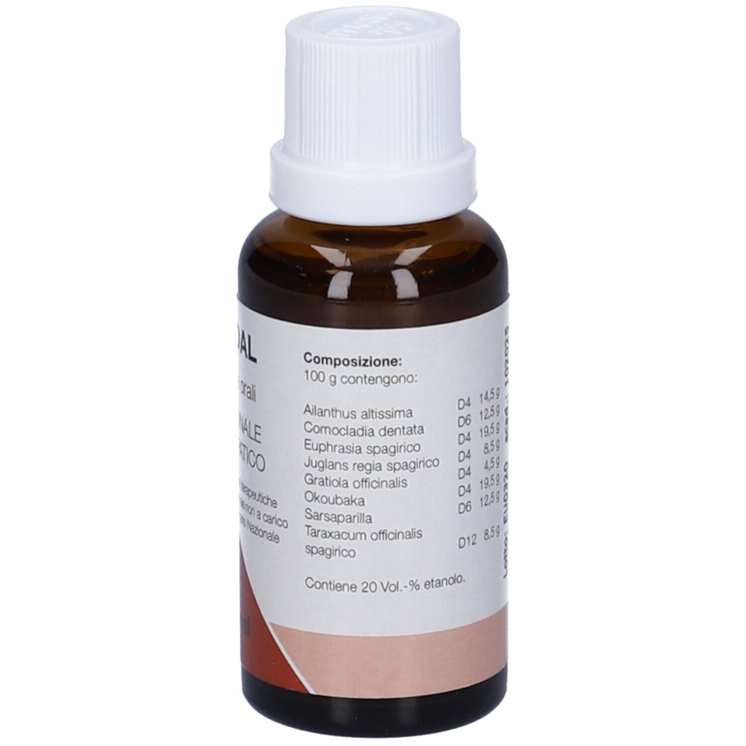 Flacone di vetro marrone con tappo bianco. Etichetta con ingredienti. Contiene 20% vol. di etanolo.