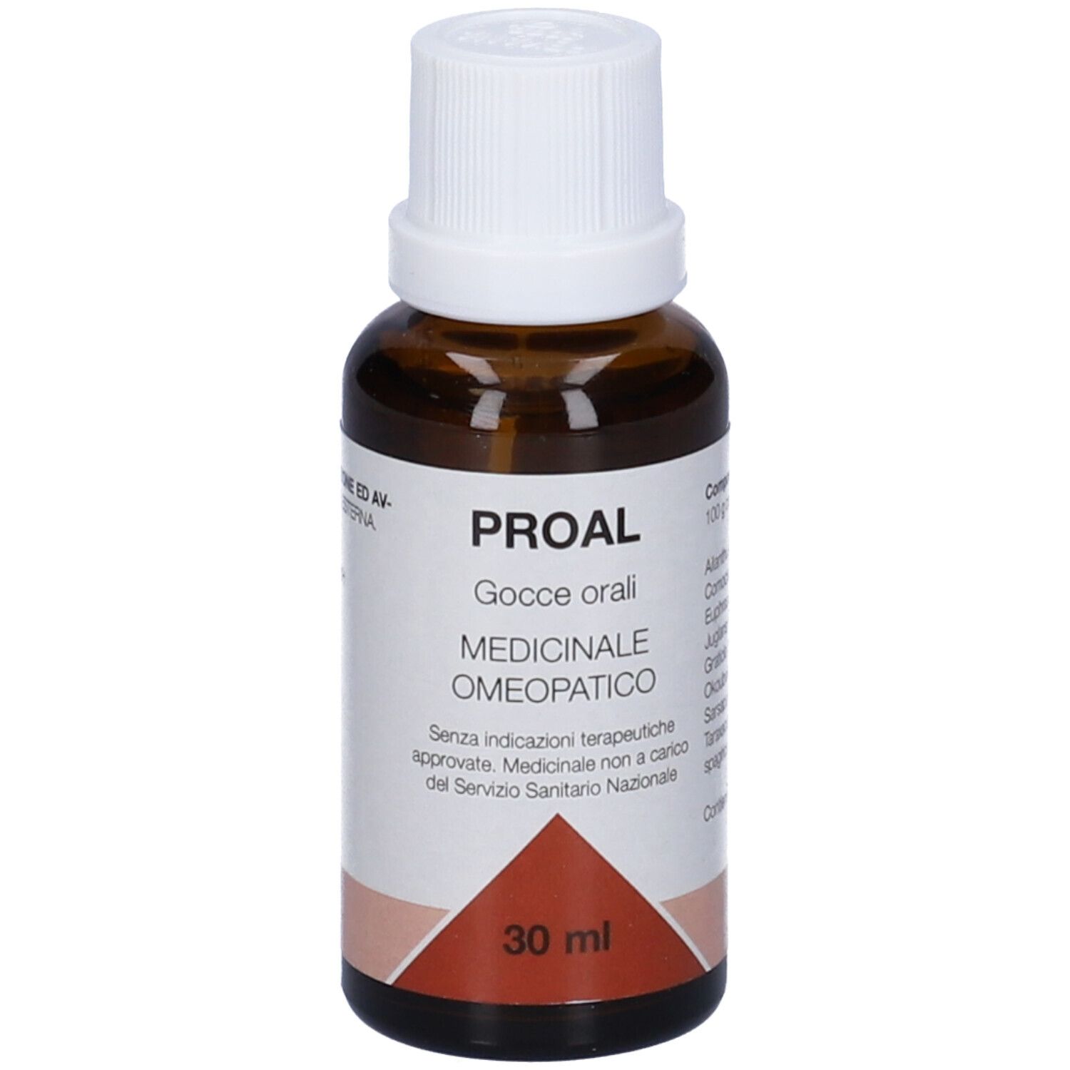 Flacone di vetro marrone con tappo bianco. Etichetta con nome prodotto "PROAL" e "30 ml".