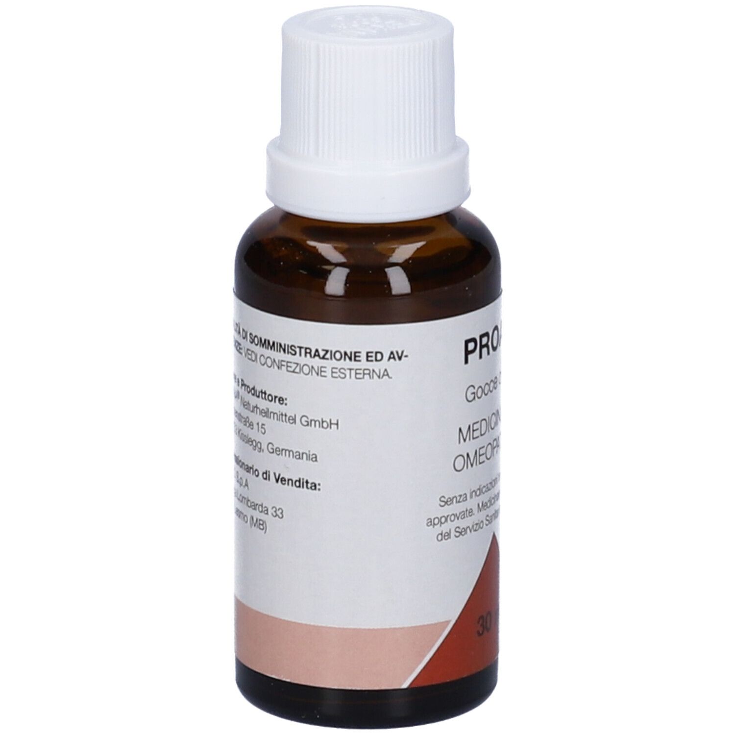 Flacone di vetro marrone con tappo bianco. Etichetta con informazioni del produttore e testo.