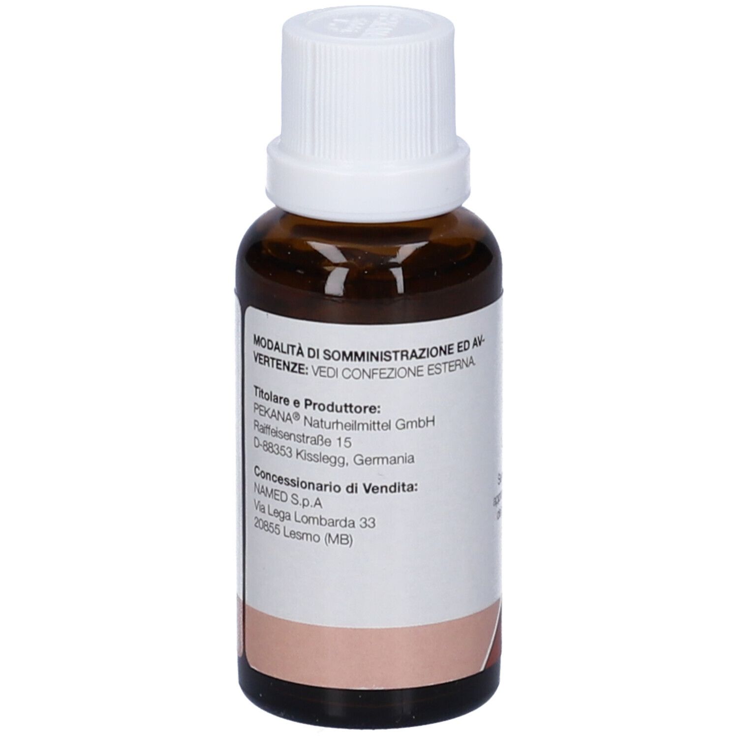 Flacone di vetro marrone con tappo bianco. Etichetta con informazioni del produttore e testo.