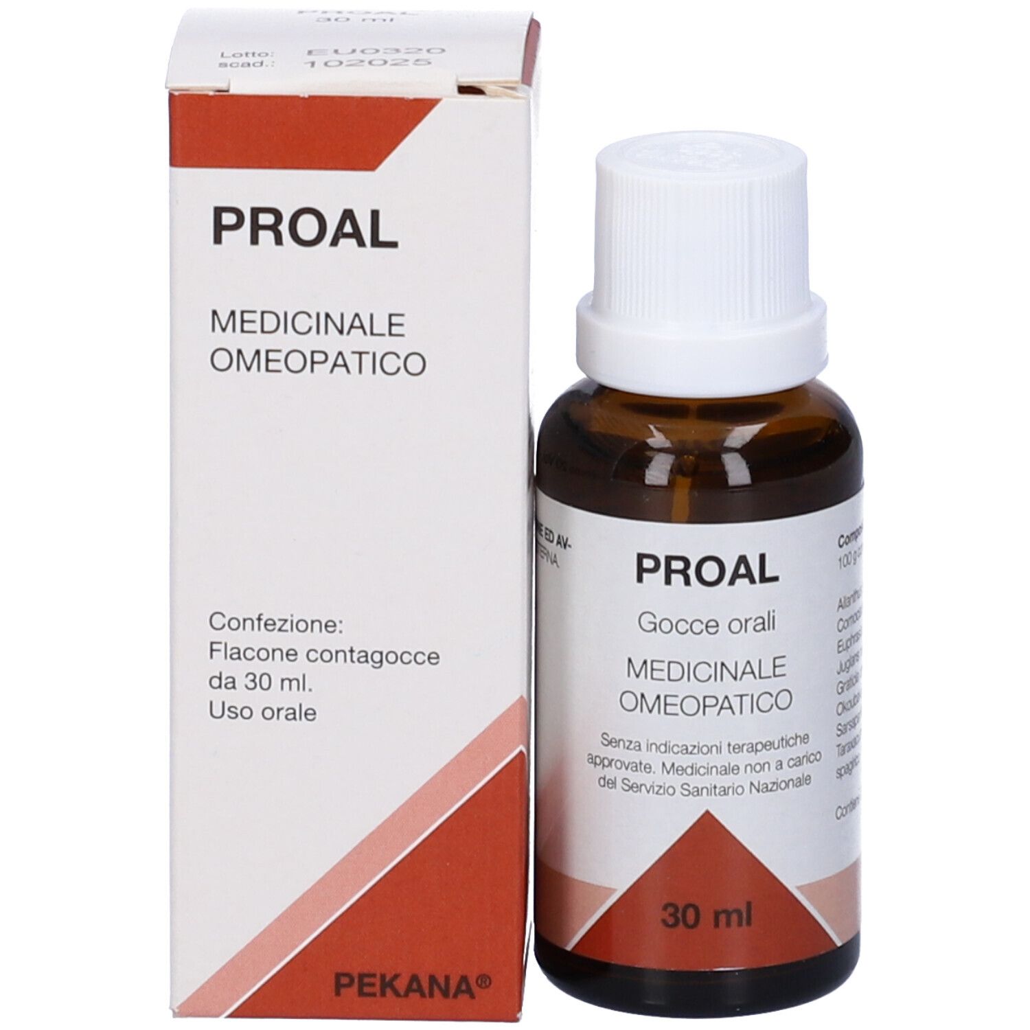 Flacone di vetro marrone e scatola. Sulla scatola c'è scritto "PROAL" e "30 ml".