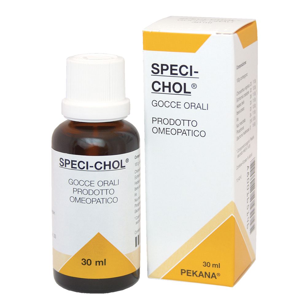 Flacone di vetro marrone con tappo bianco e scatola. Scritta: SPECI-CHOL, Gocce orali, 30 ml. PEKANA.