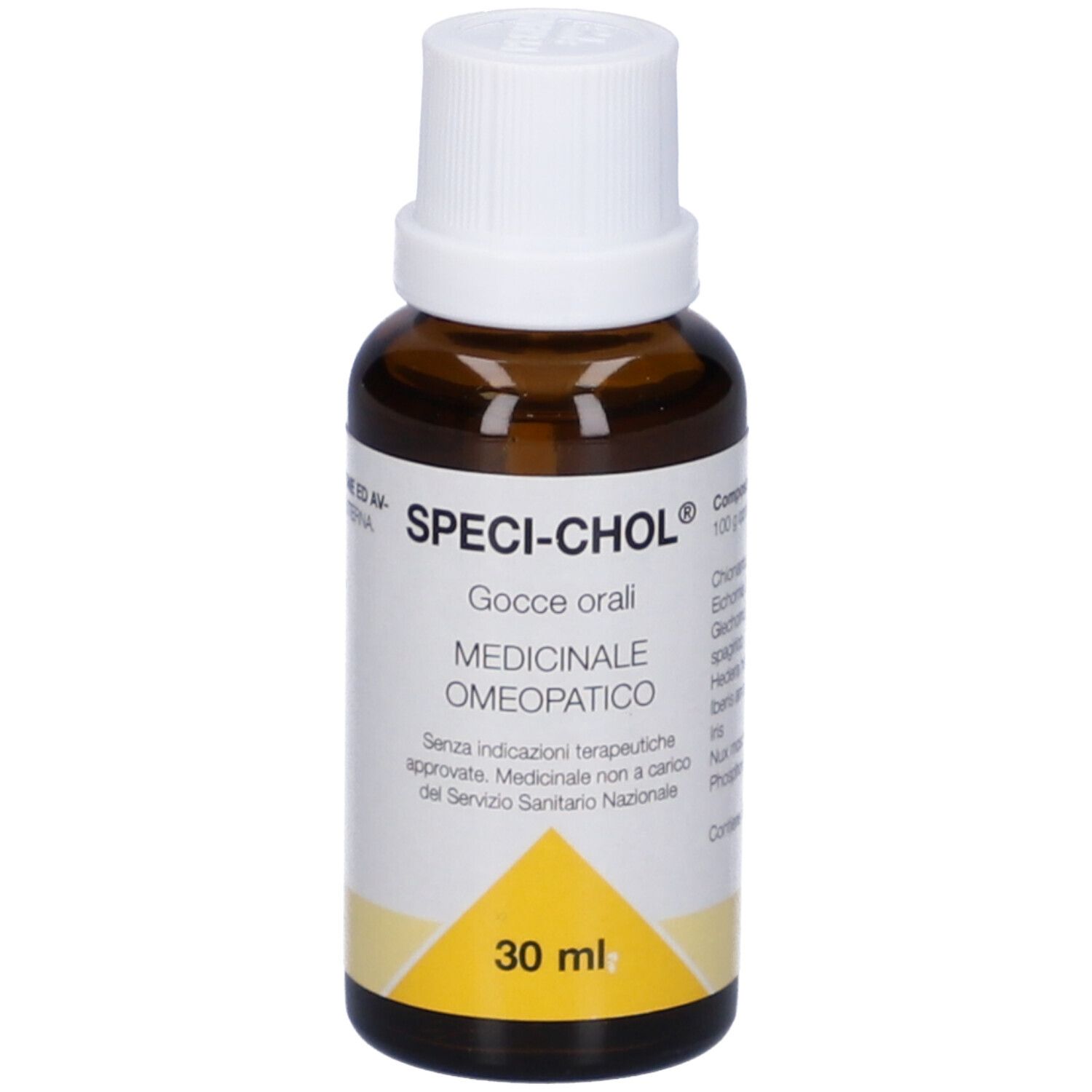 Flacone di vetro marrone con tappo bianco. Scritta: SPECI-CHOL, Gocce orali, 30 ml. Medicinale omeopatico.