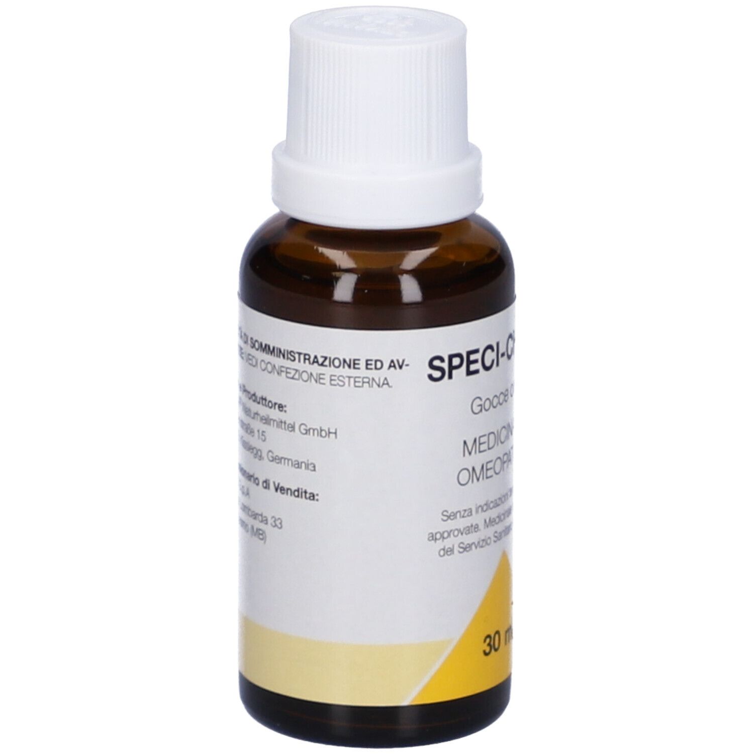 Flacone di vetro marrone con tappo bianco. Scritta: SPECI-CHOL, Gocce orali, 30 ml. Medicinale omeopatico.