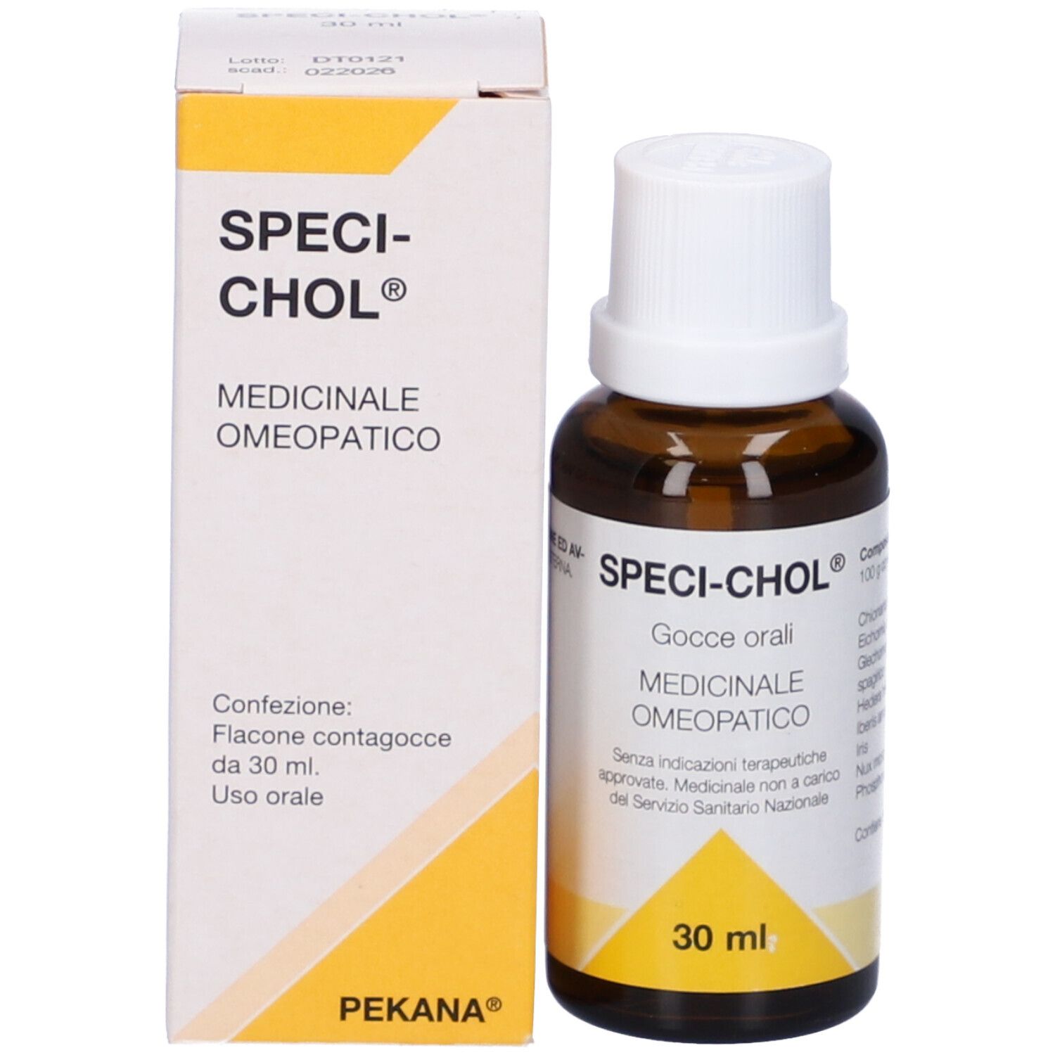 Flacone di vetro marrone con tappo bianco e scatola. Scritta: SPECI-CHOL, Gocce orali, 30 ml. PEKANA.