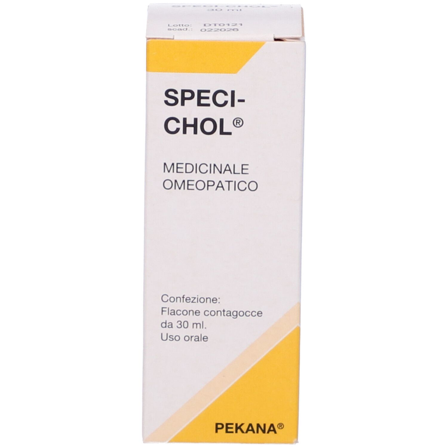 Scatola con scritta: SPECI-CHOL, Gocce orali, 30 ml. PEKANA. Contiene flacone contagocce.