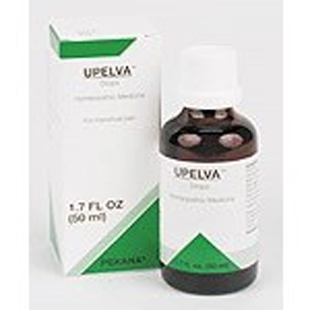 Flacone di vetro marrone e scatola. Scritta "UPELVA Drops". 1.7 FL OZ (50 ml). Confezione verde e bianca.