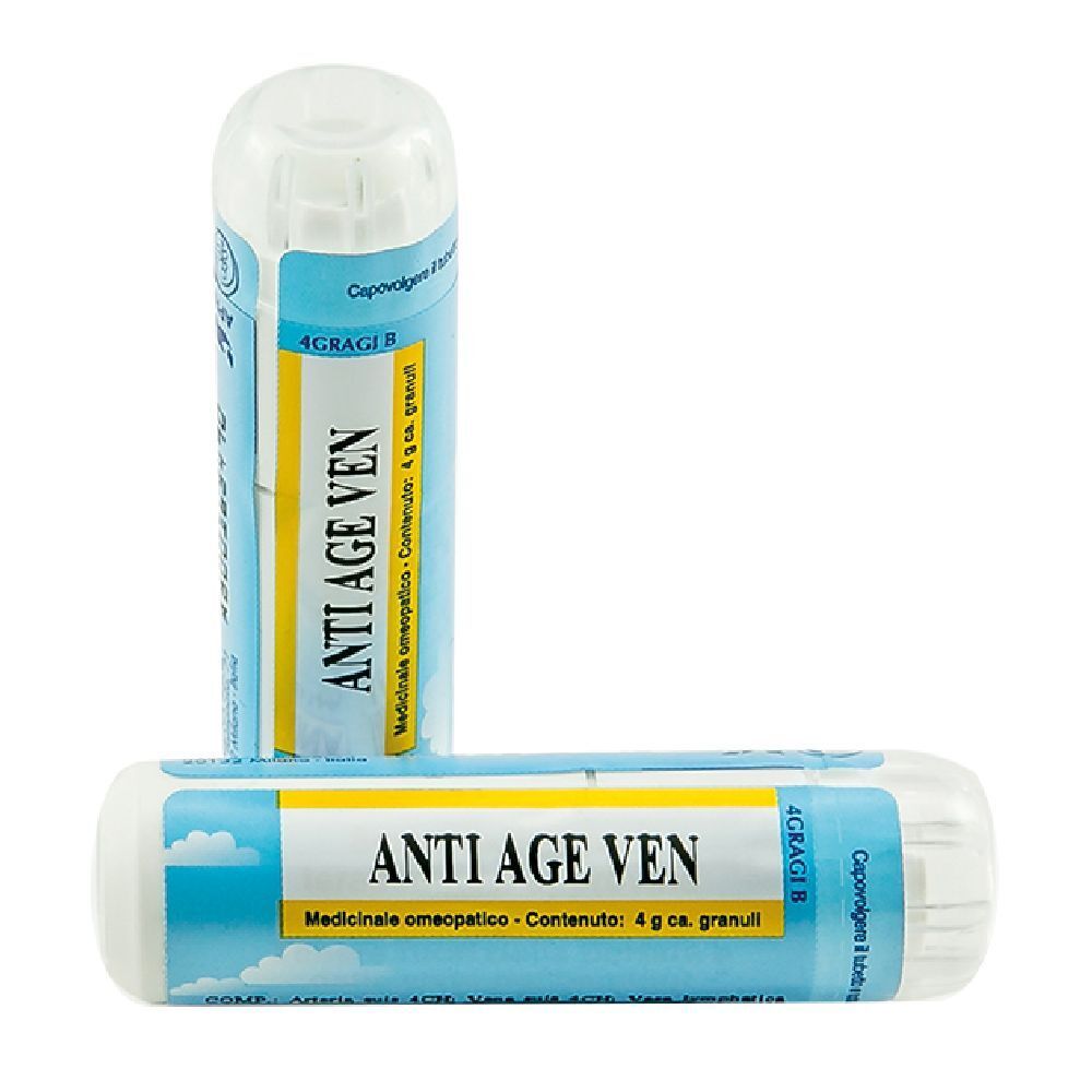 Due contenitori cilindrici. Scritta: ANTI AGE VEN. Granuli omeopatici. Contenuto: 4 g.