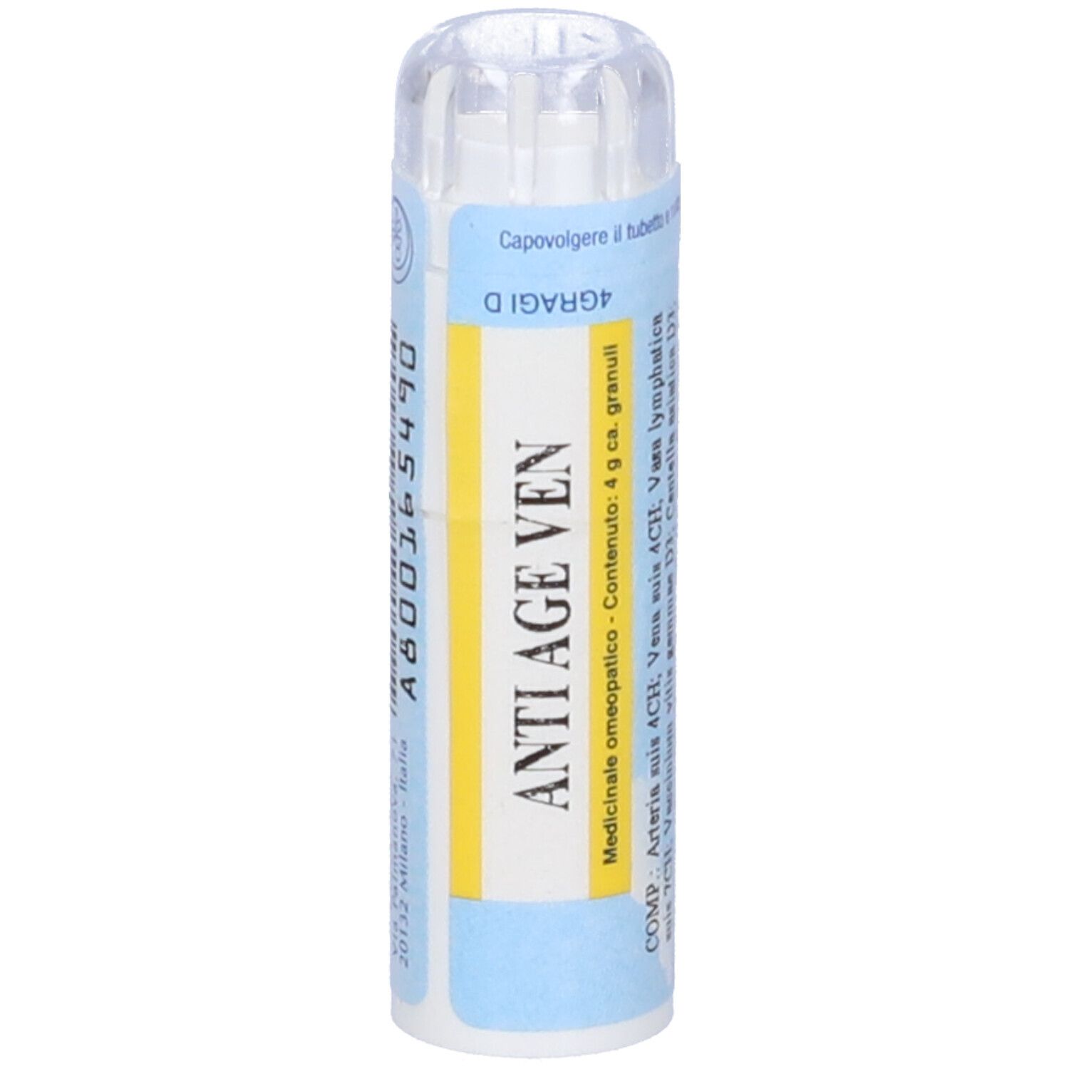 Contenitore cilindrico. Scritta: ANTI AGE VEN. Granuli omeopatici. Contenuto: 4 g.